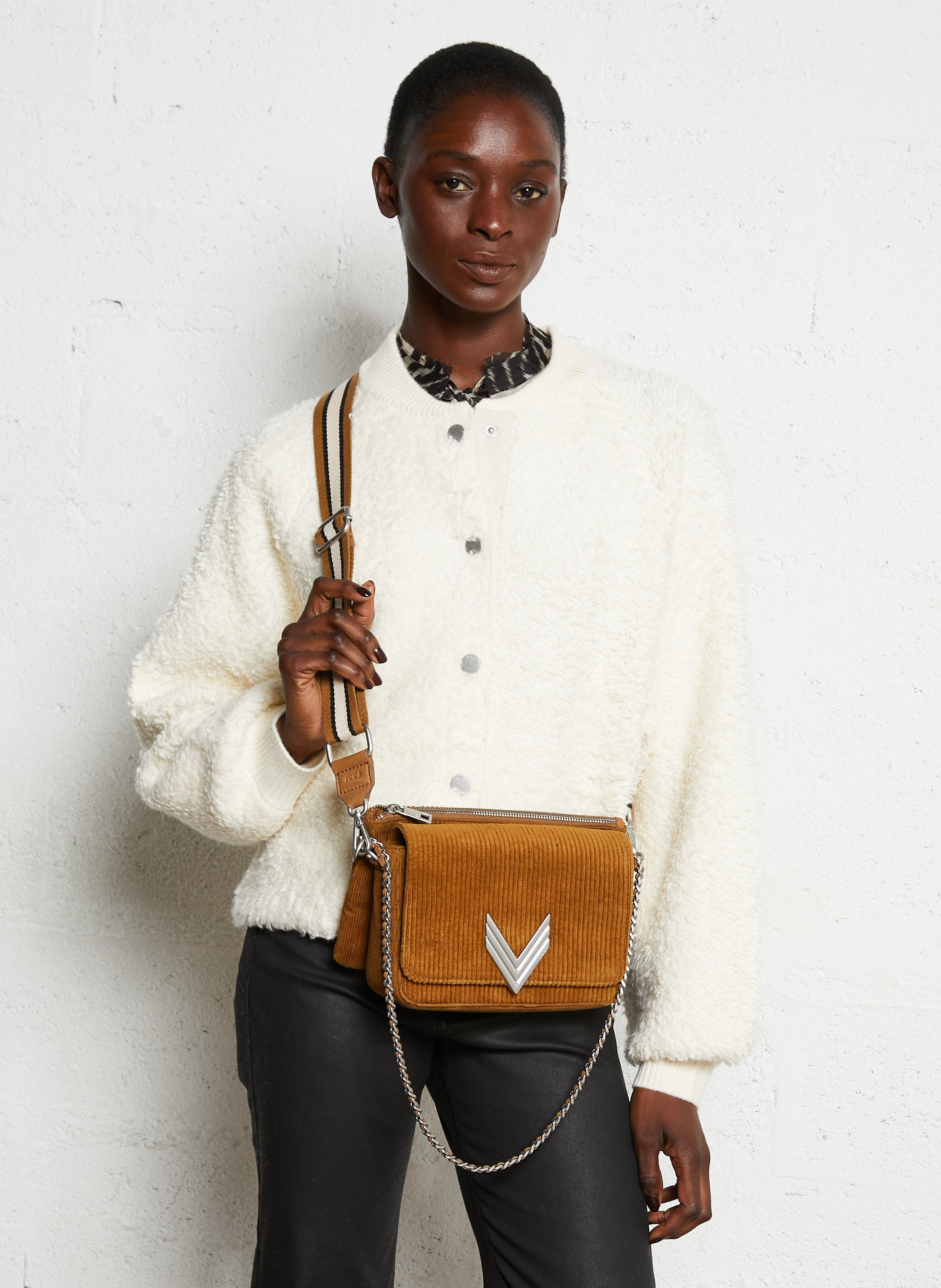 Sac bandoulière velours côtelé en 3 parties 111 velvet IKKS Beige