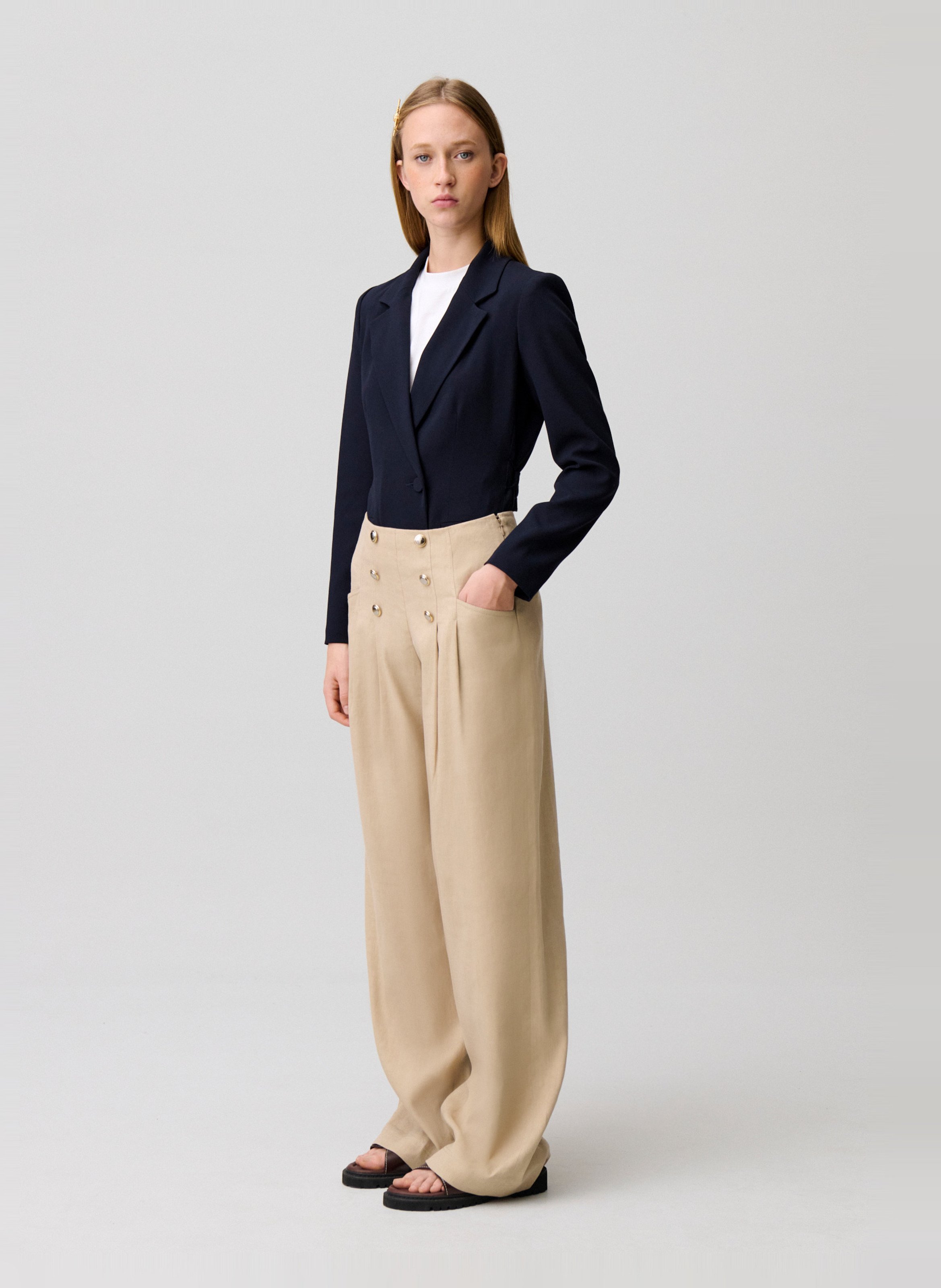 Pantalon large en lin et en coton mélangé CLAUDIE PIERLOT Beige