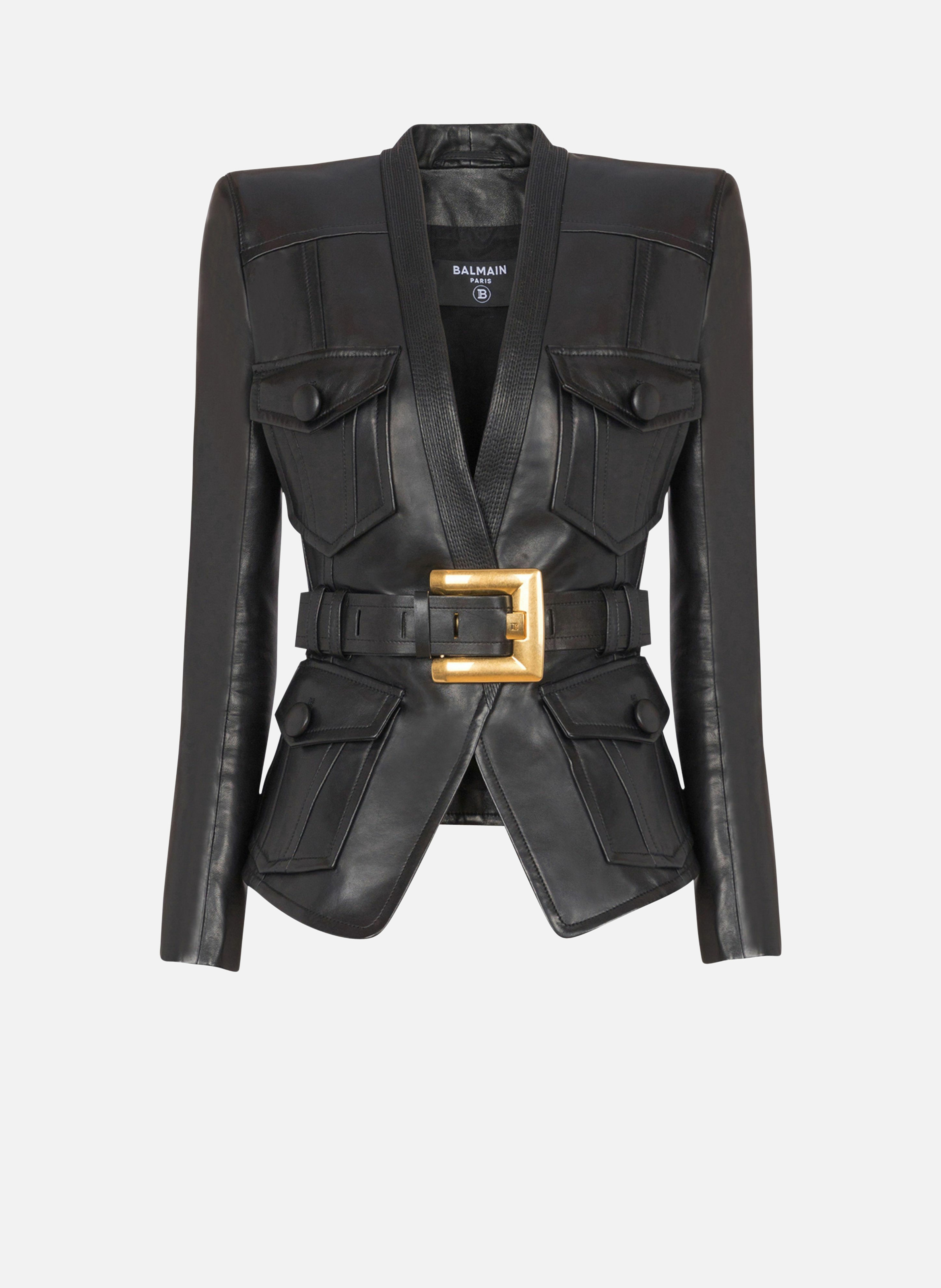 Veste 1 bouton ceinturée en cuir BALMAIN Noir