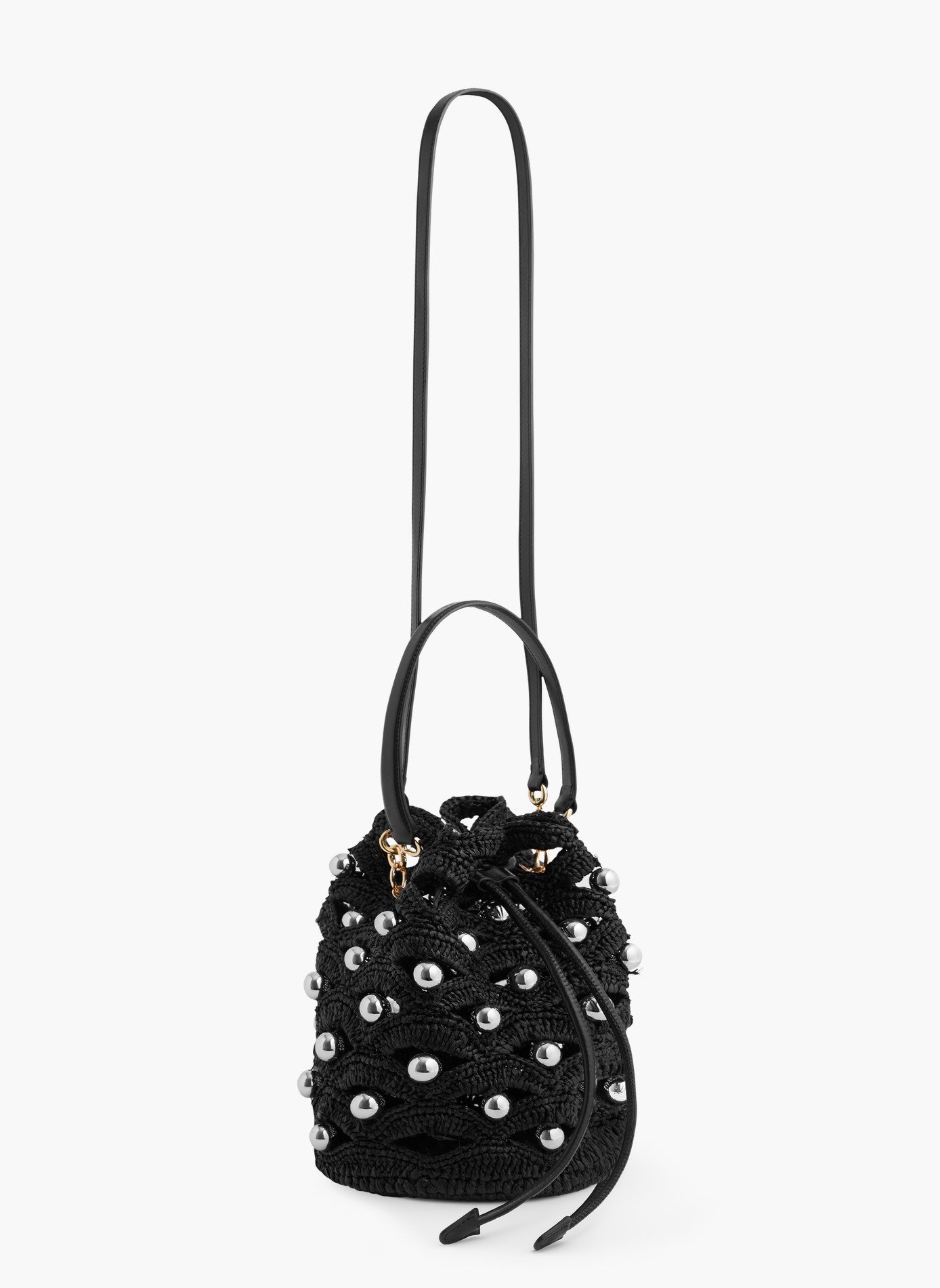 Petit sac seau en raphia avec détails de perles RABANNE Noir