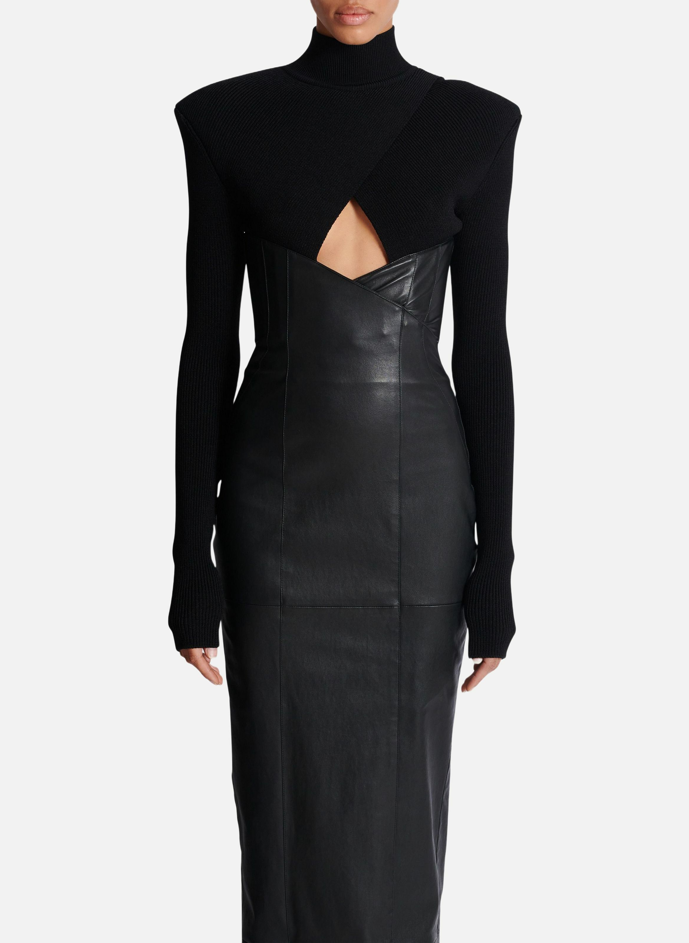 Robe longue bi-matière en maille et cuir d'agneau BALMAIN Noir