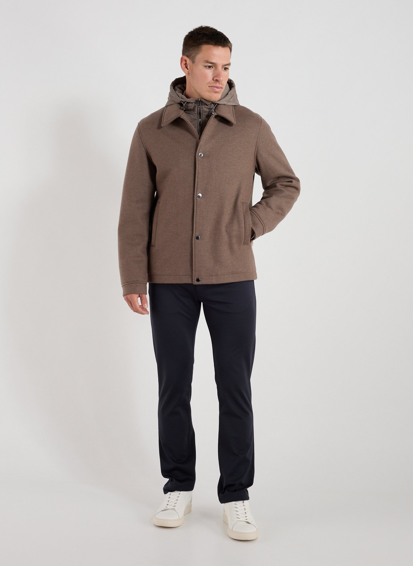 Hooded jacket in blended wool and cotton. WOOLRICH Brown