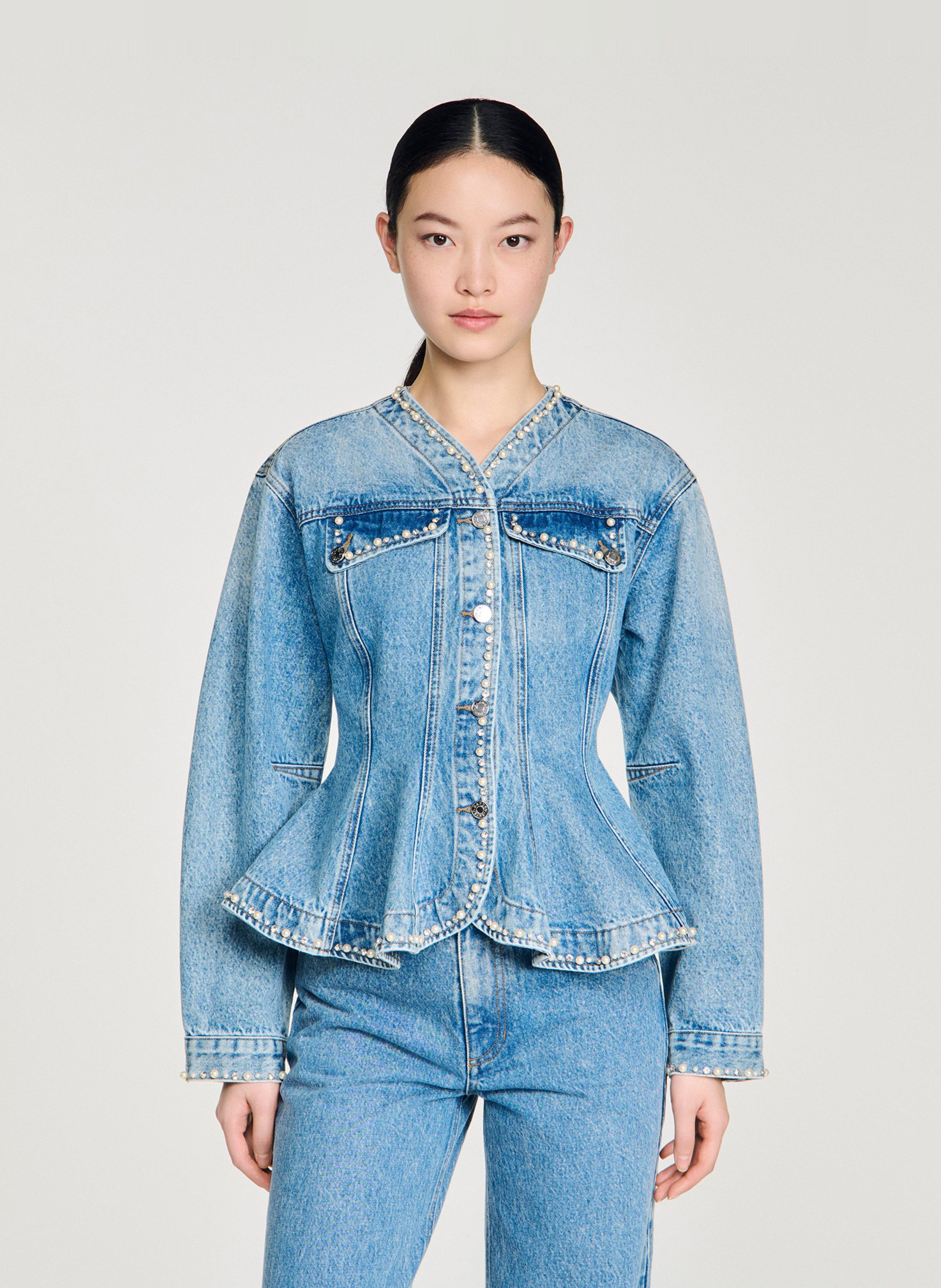 Blouson col v en denim de coton SANDRO Bleu