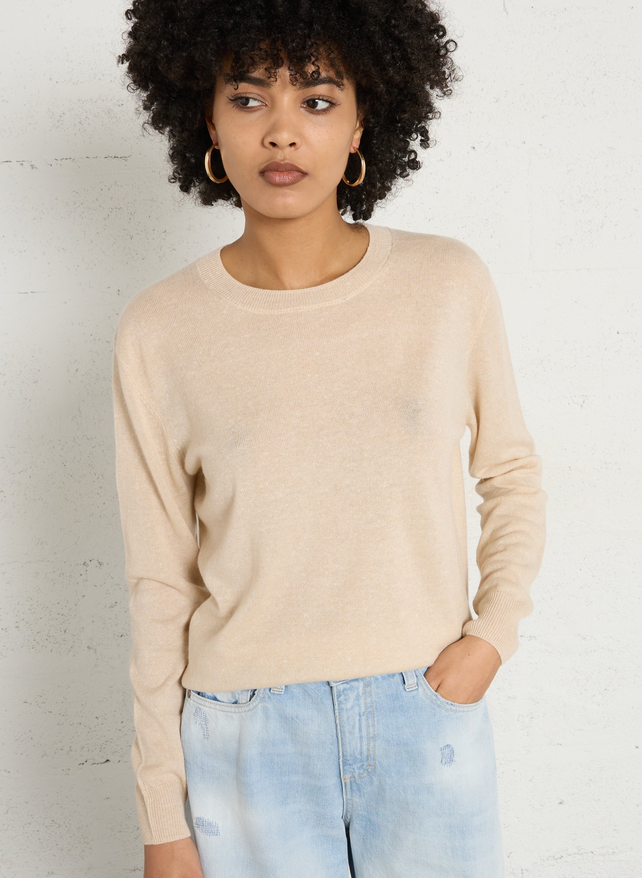 Pull droit uni en cachemire et lin prince MAISON 123 Beige