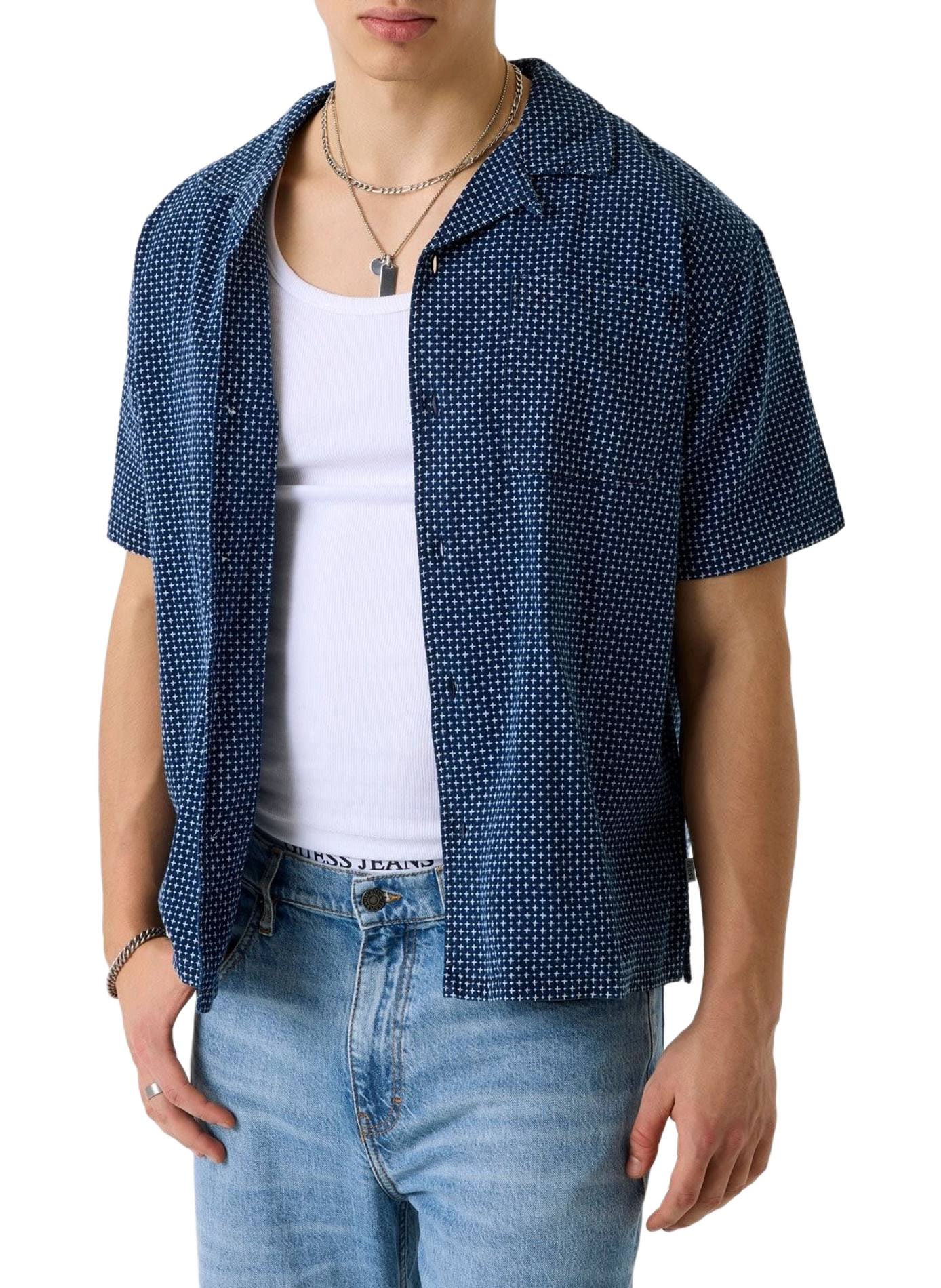 Short-sleeved cotton shirt with patterns GUESS Blue