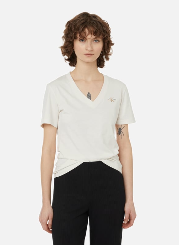 T-shirt col V en coton organique Blanc by CALVIN KLEIN CALVIN KLEIN T-shirt col V en coton organique Blanc