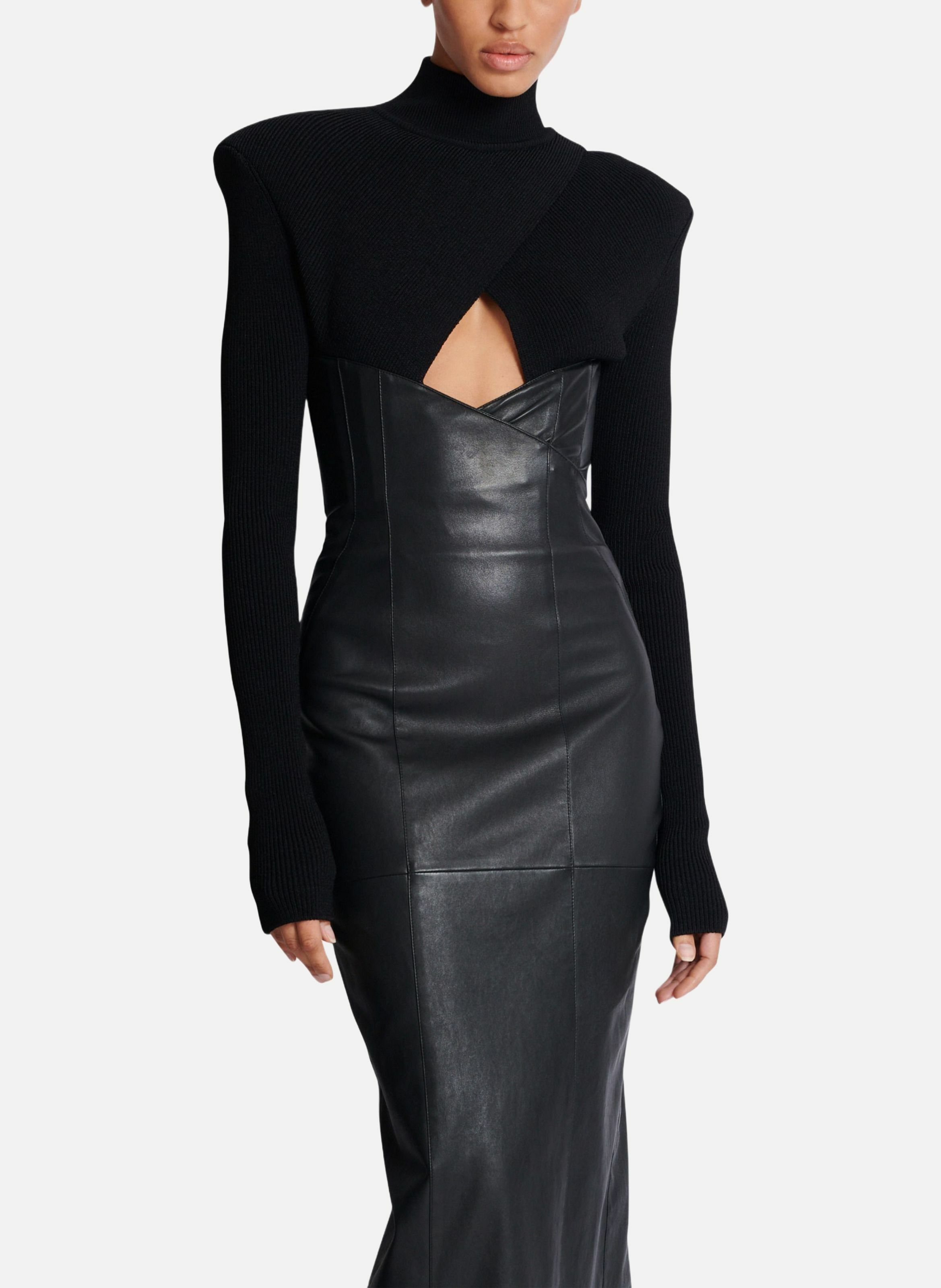 Robe longue bi-matière en maille et cuir d'agneau BALMAIN Noir
