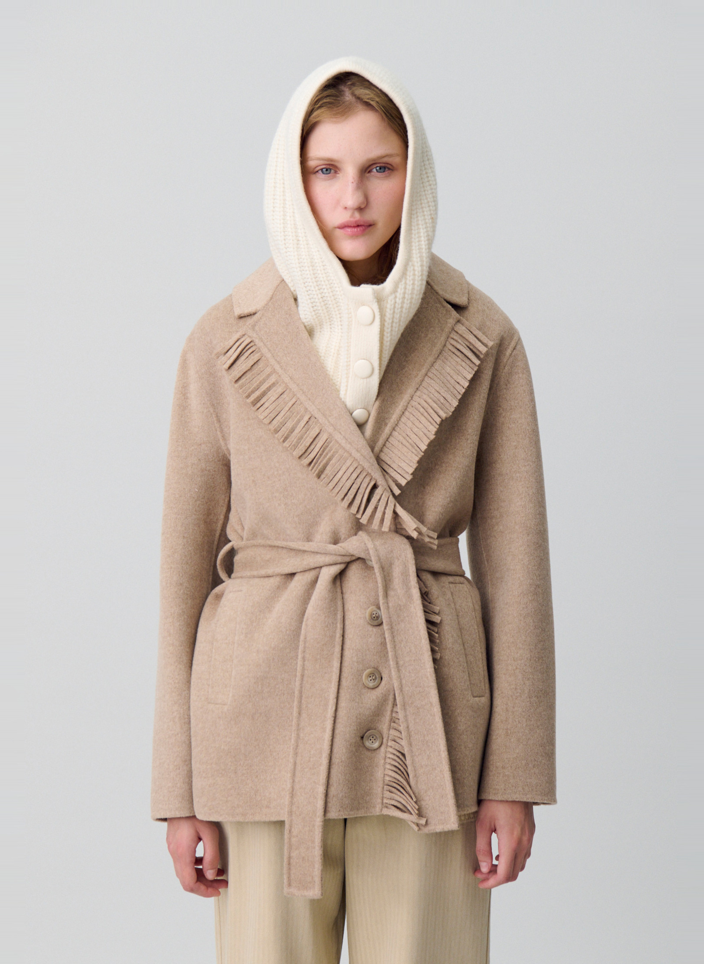 Manteau court col tailleur à franges en laine mélangée grazia CLAUDIE PIERLOT Beige