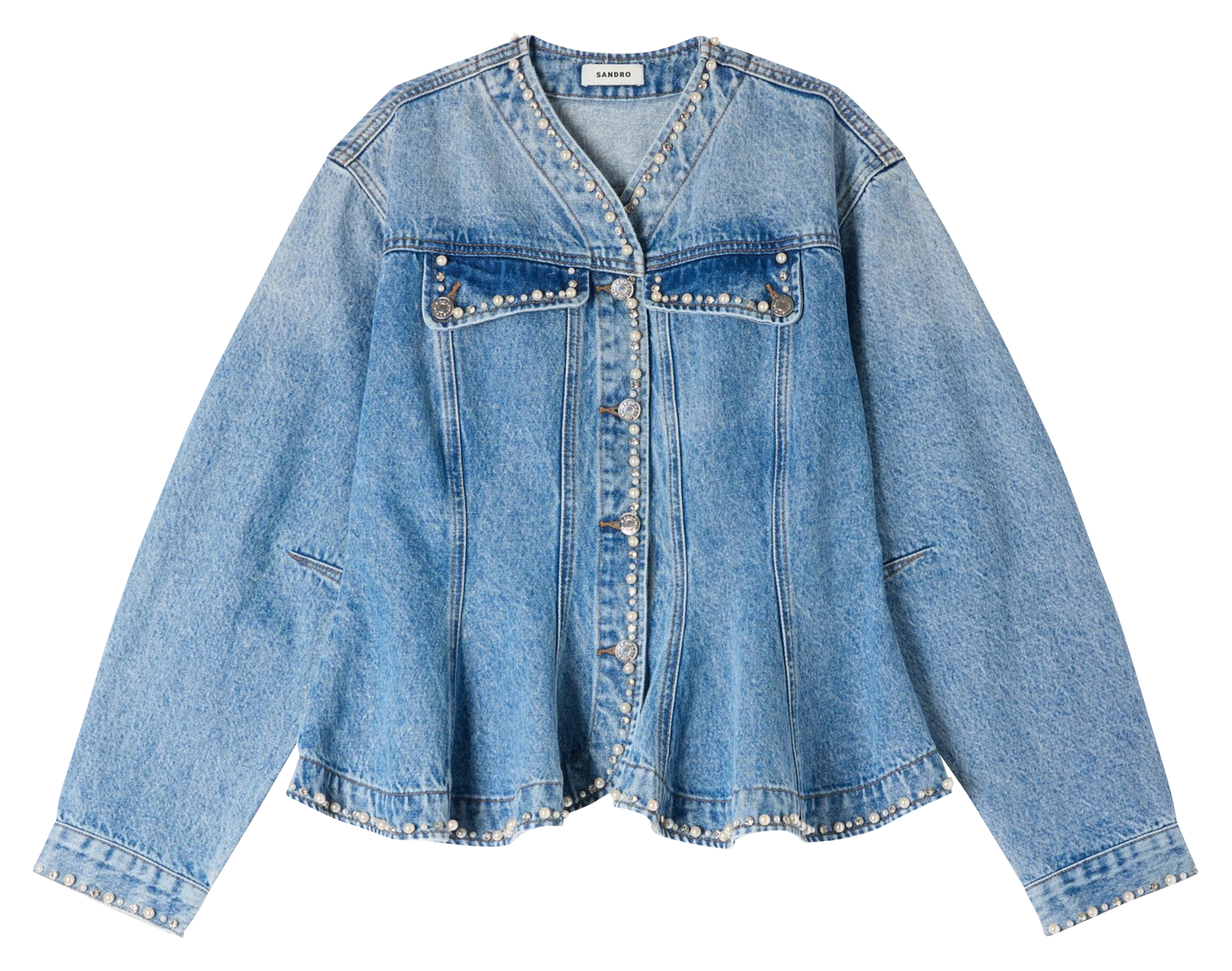 Blouson col v en denim de coton SANDRO Bleu
