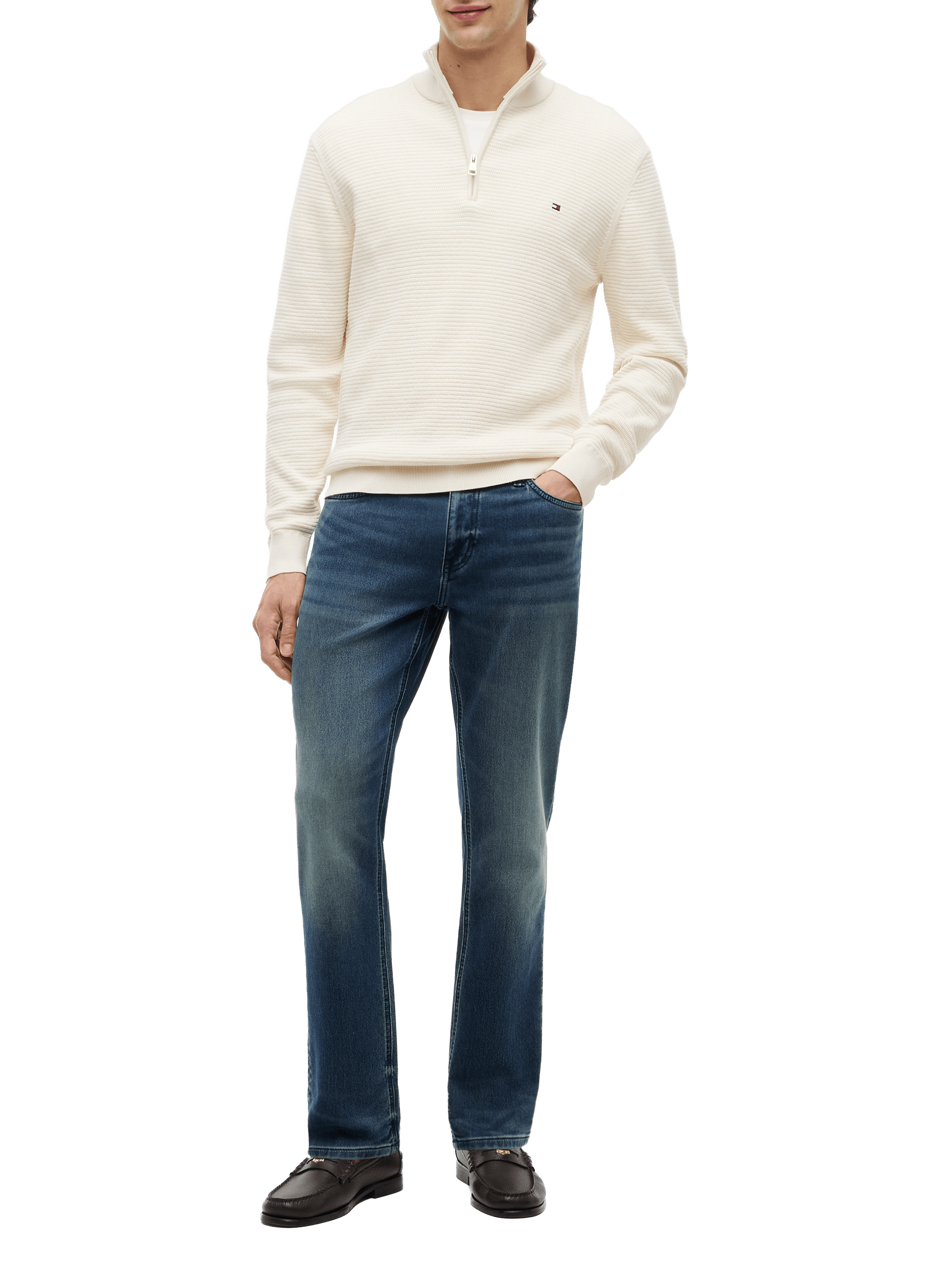 Straight cotton sweater with zip collar TOMMY HILFIGER Beige