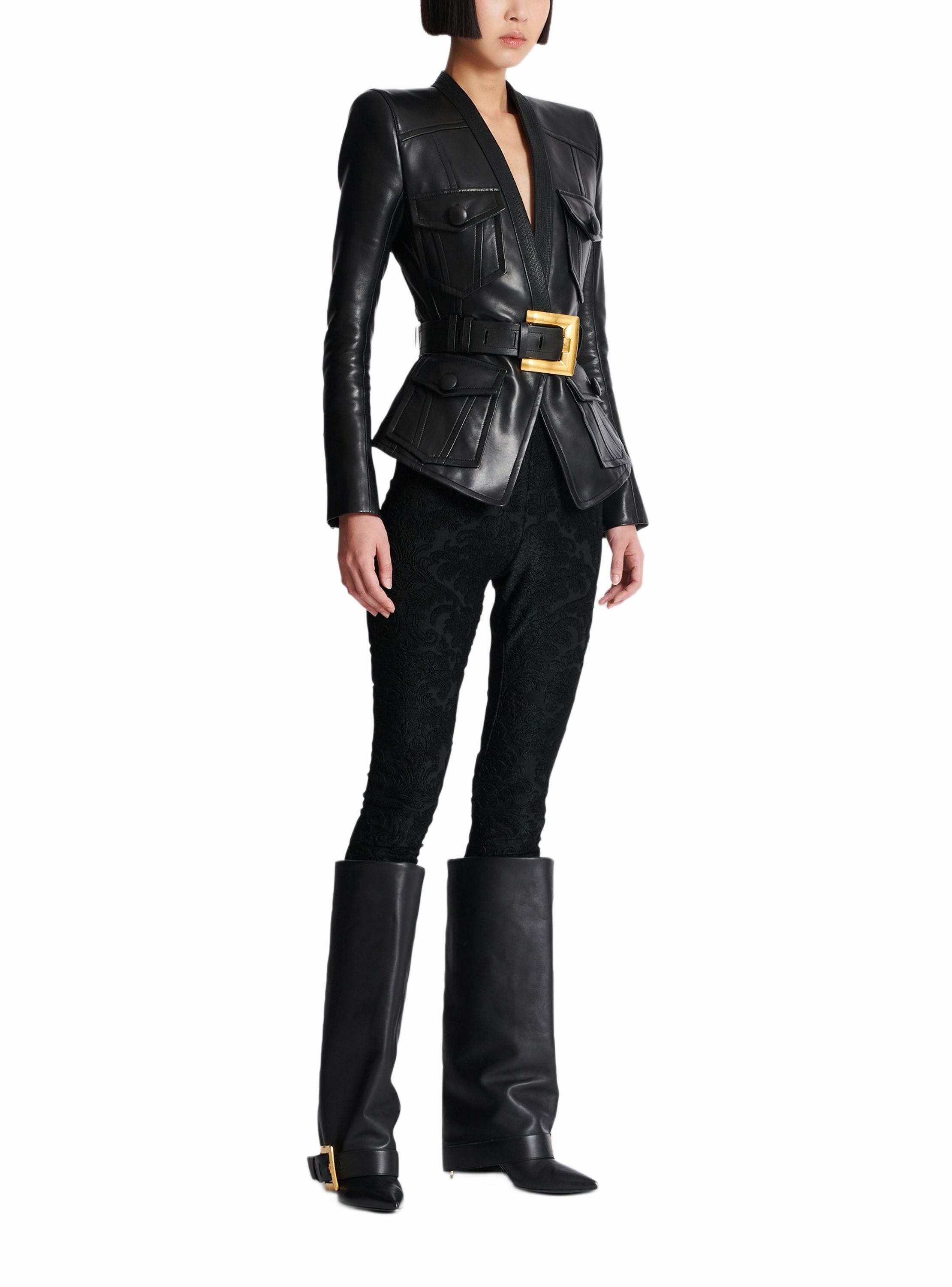 Veste 1 bouton ceinturée en cuir BALMAIN Noir