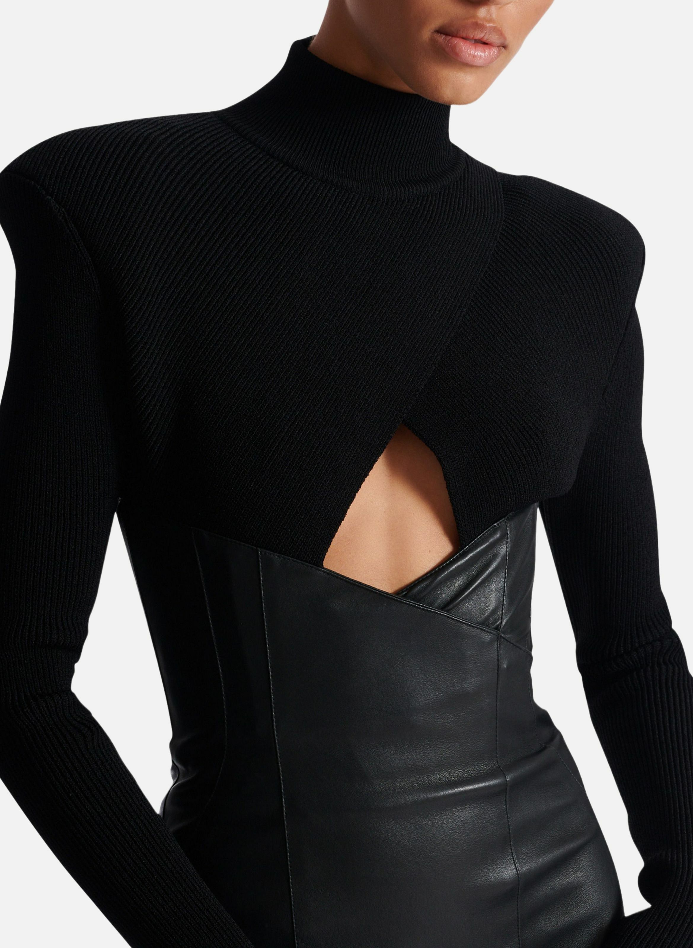 Robe longue bi-matière en maille et cuir d'agneau BALMAIN Noir