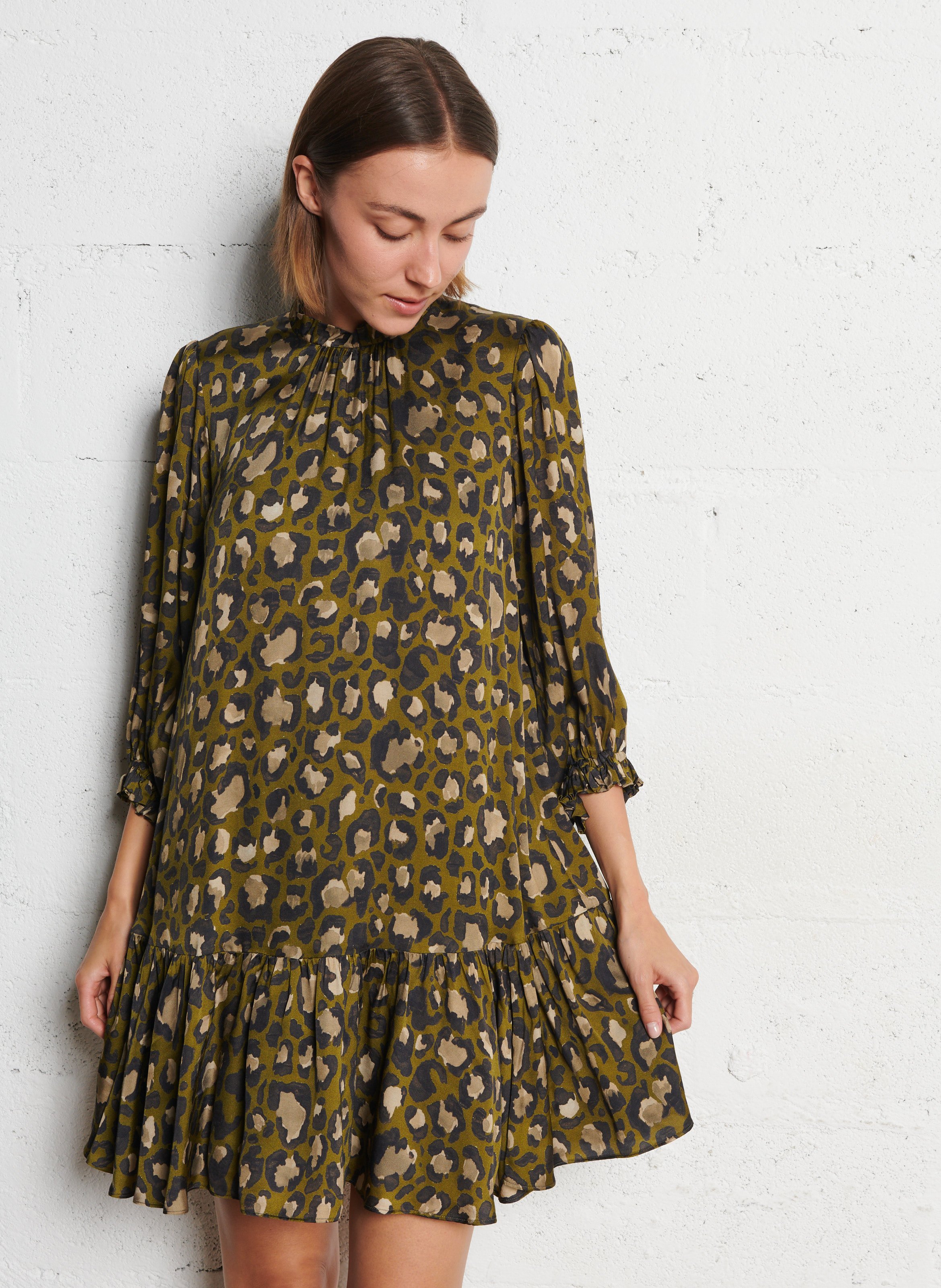 Robe courte ample léopard IKKS Kaki