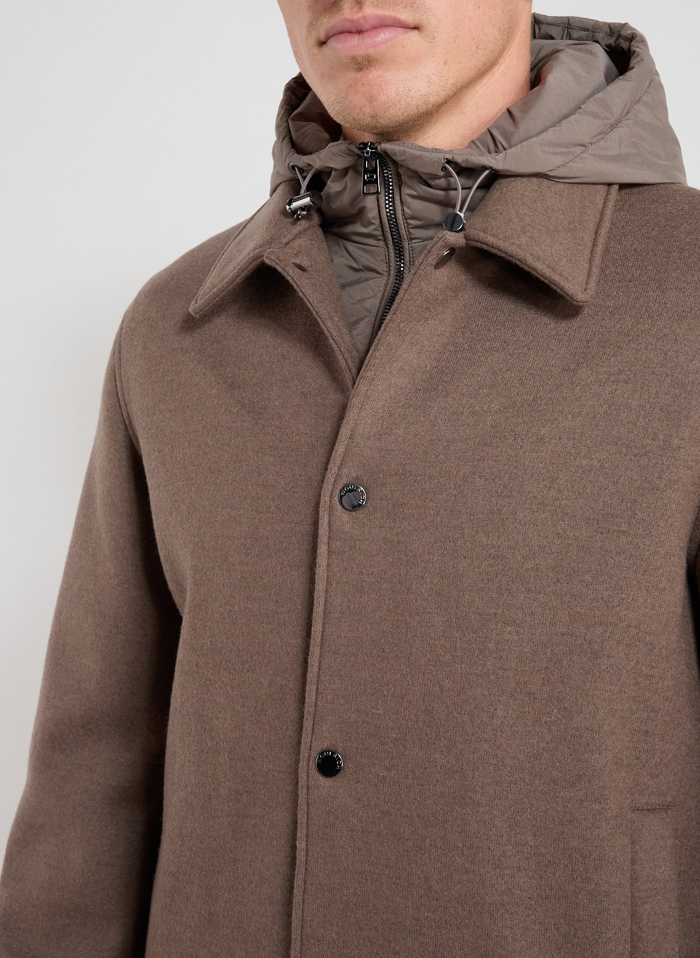Hooded jacket in blended wool and cotton. WOOLRICH Brown