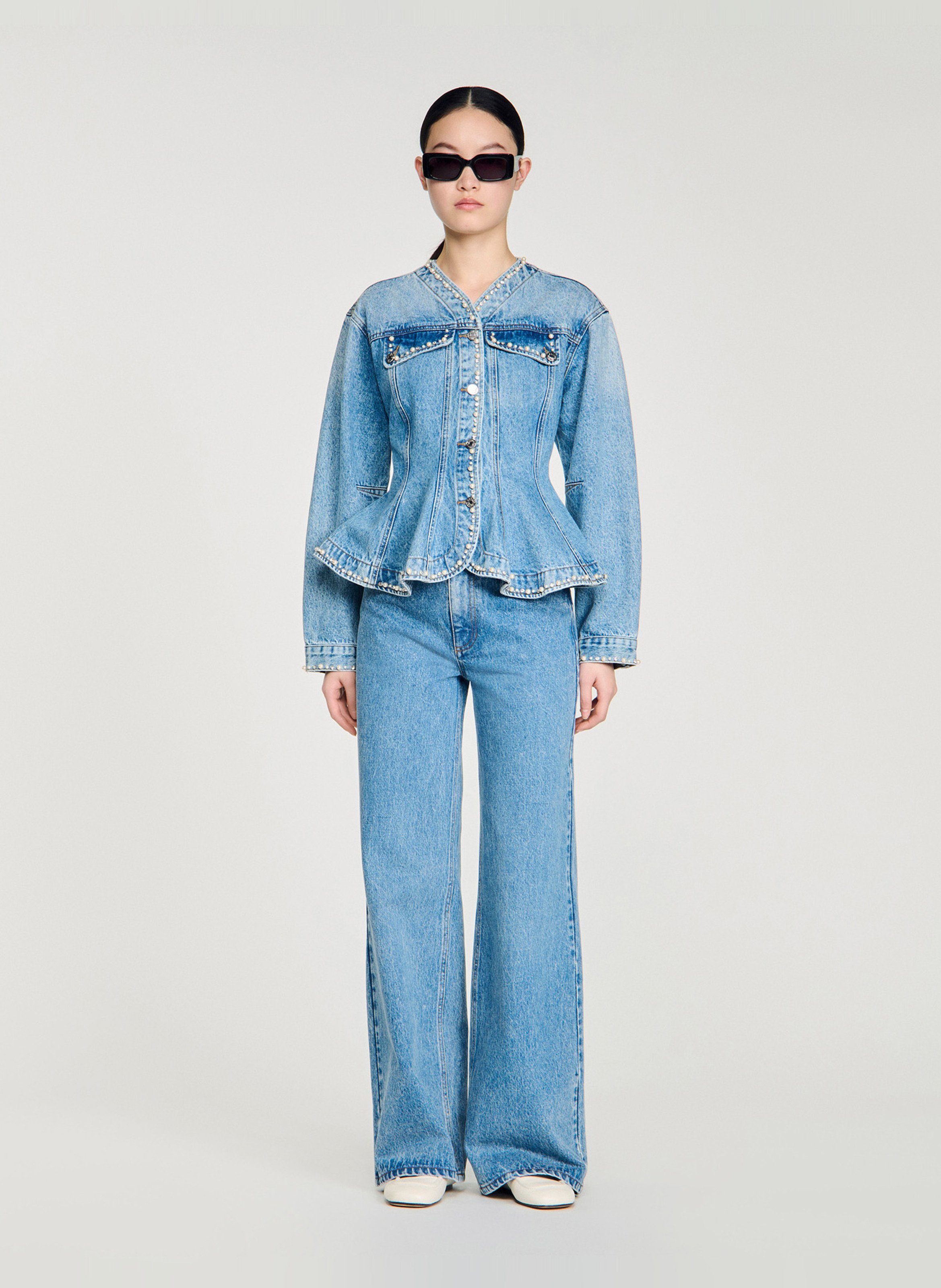Blouson col v en denim de coton SANDRO Bleu