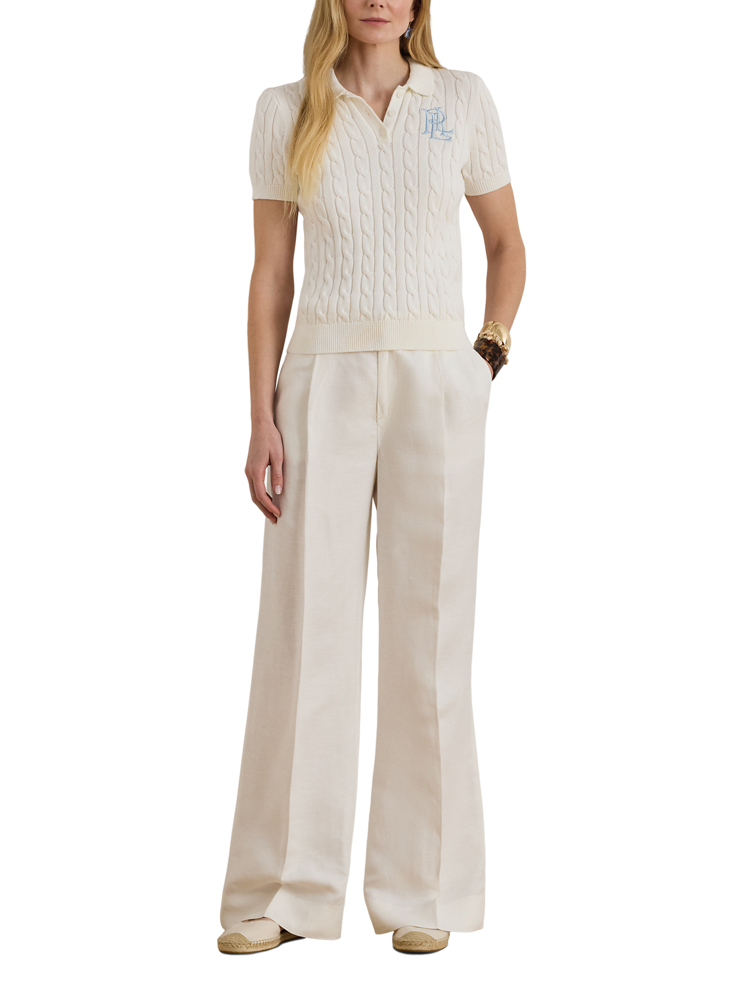 Polo neck twisted knit cotton sweater White