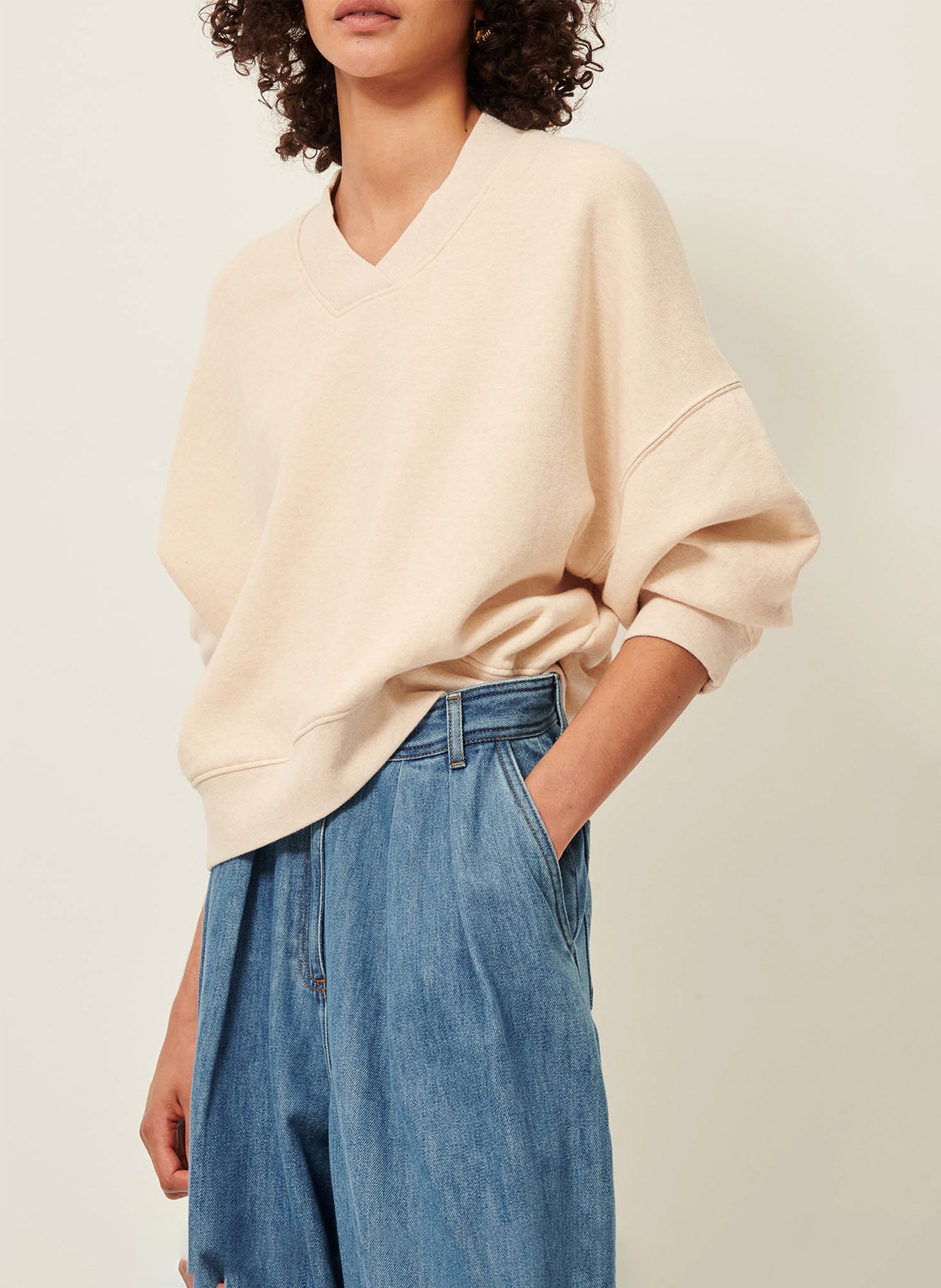 Sweat oversize col v en coton mélangé vechill SESSUN Beige