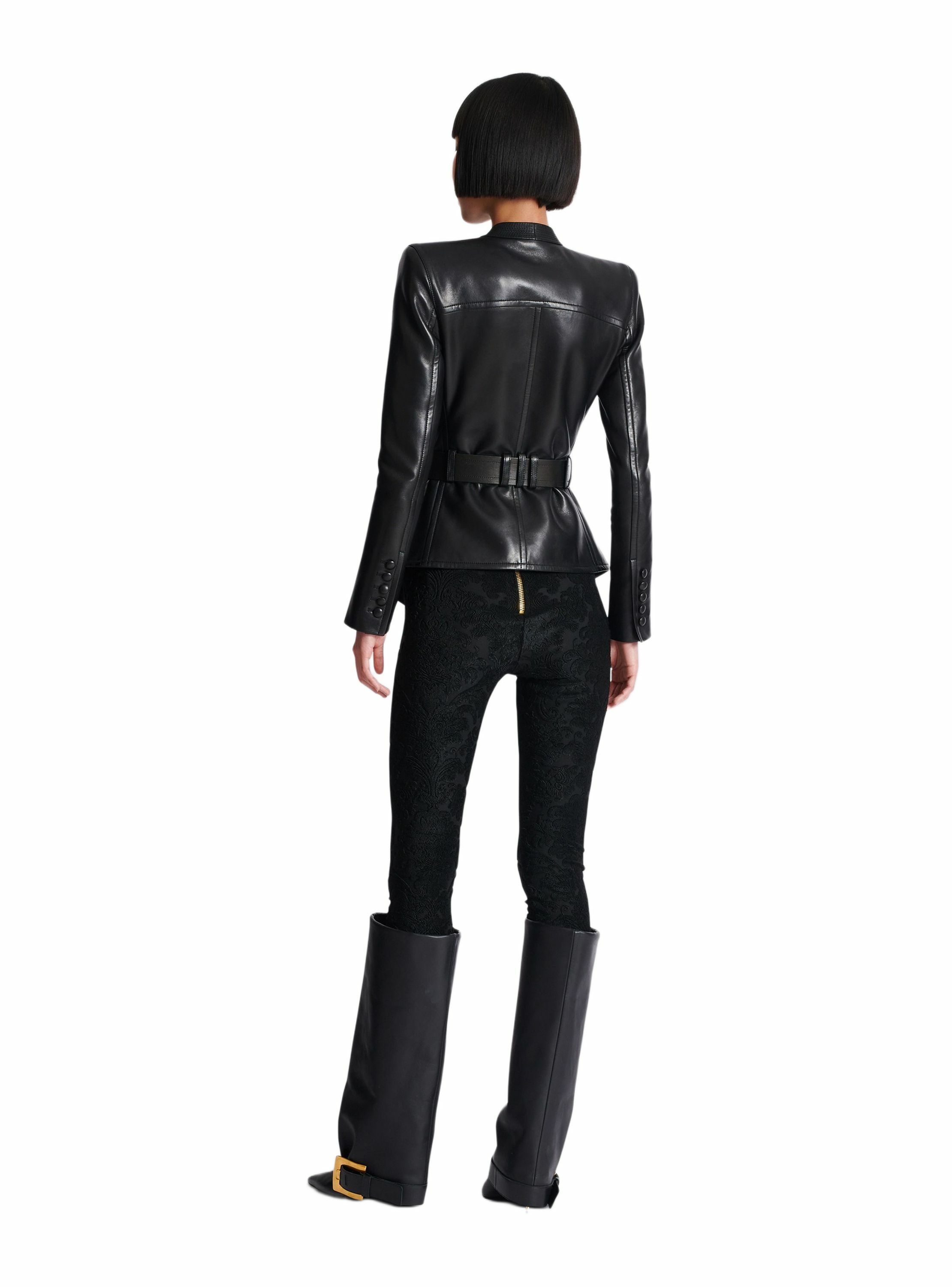 Veste 1 bouton ceinturée en cuir BALMAIN Noir