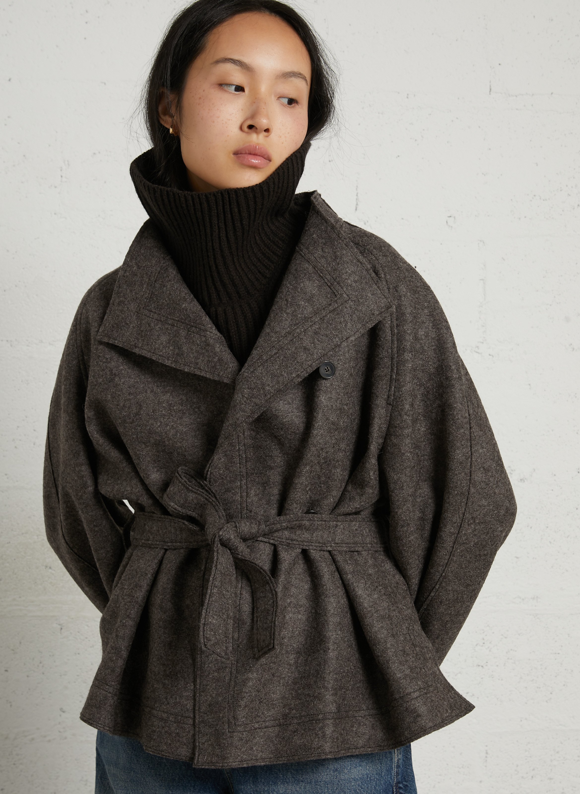 Veste droite à ceinture en laine theia SOEUR Marron