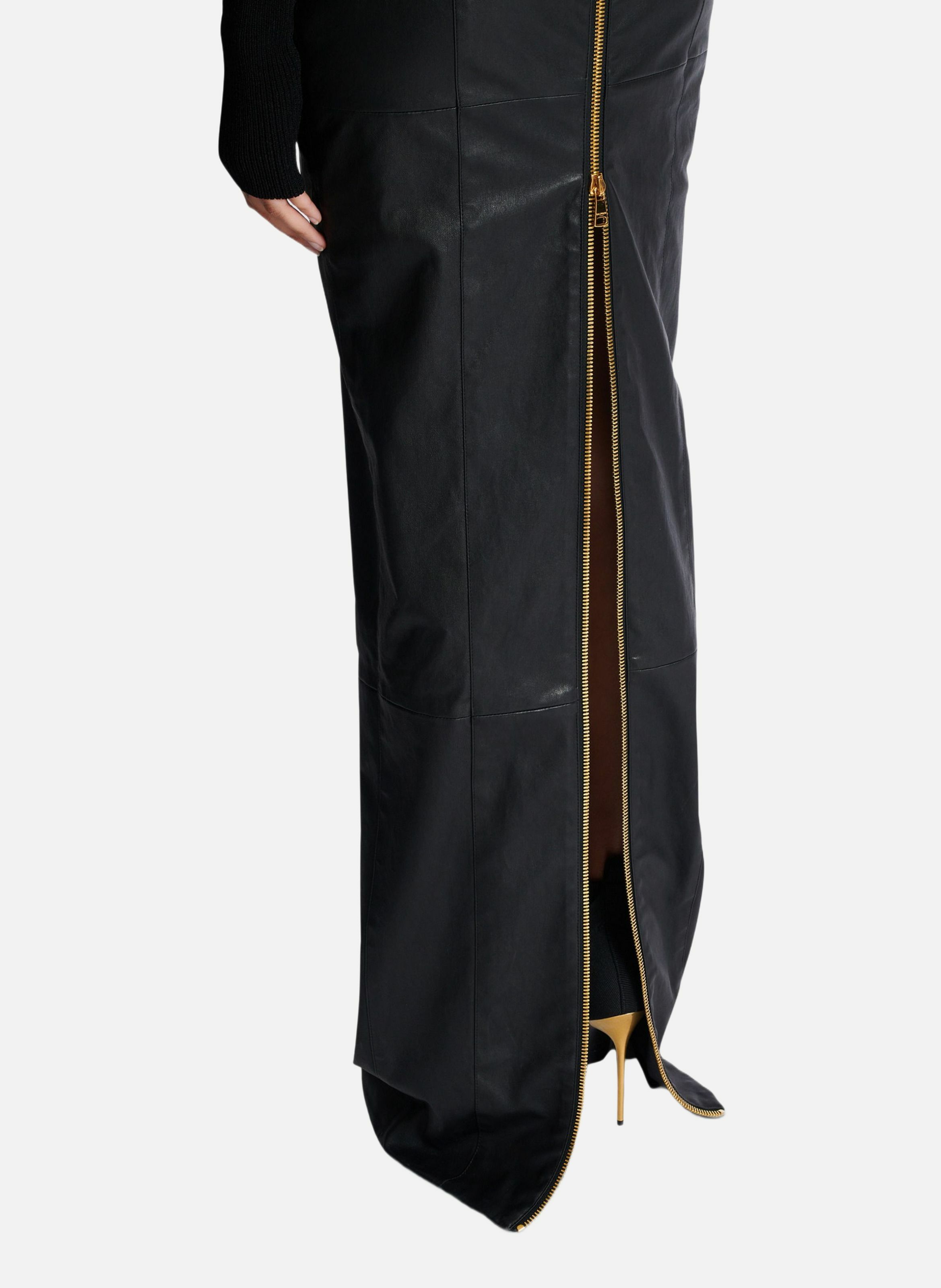 Robe longue bi-matière en maille et cuir d'agneau BALMAIN Noir