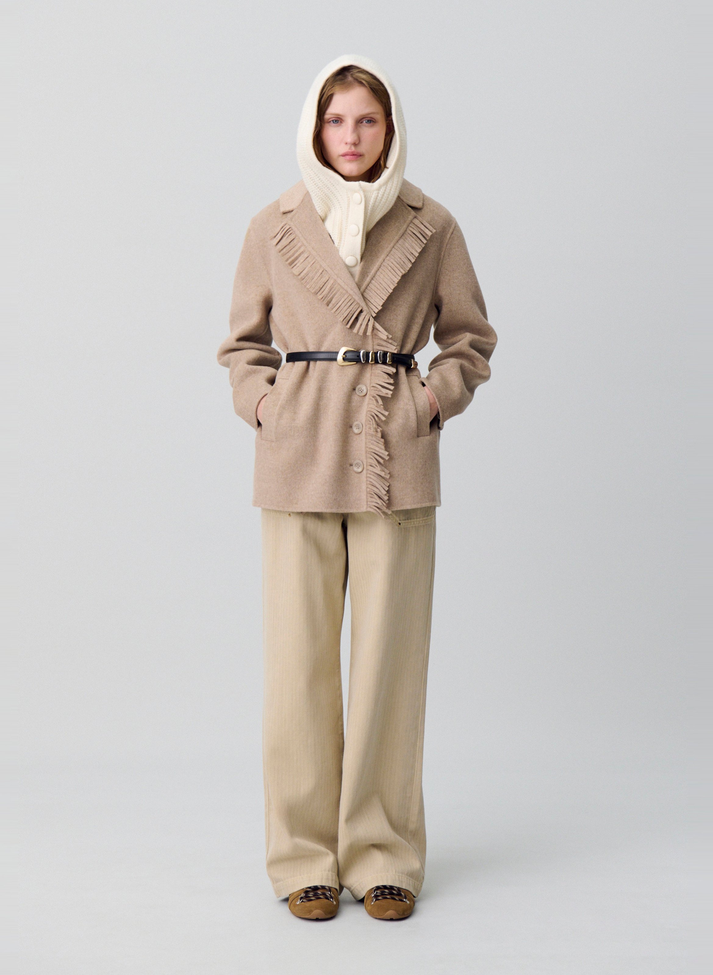 Manteau court col tailleur à franges en laine mélangée grazia CLAUDIE PIERLOT Beige