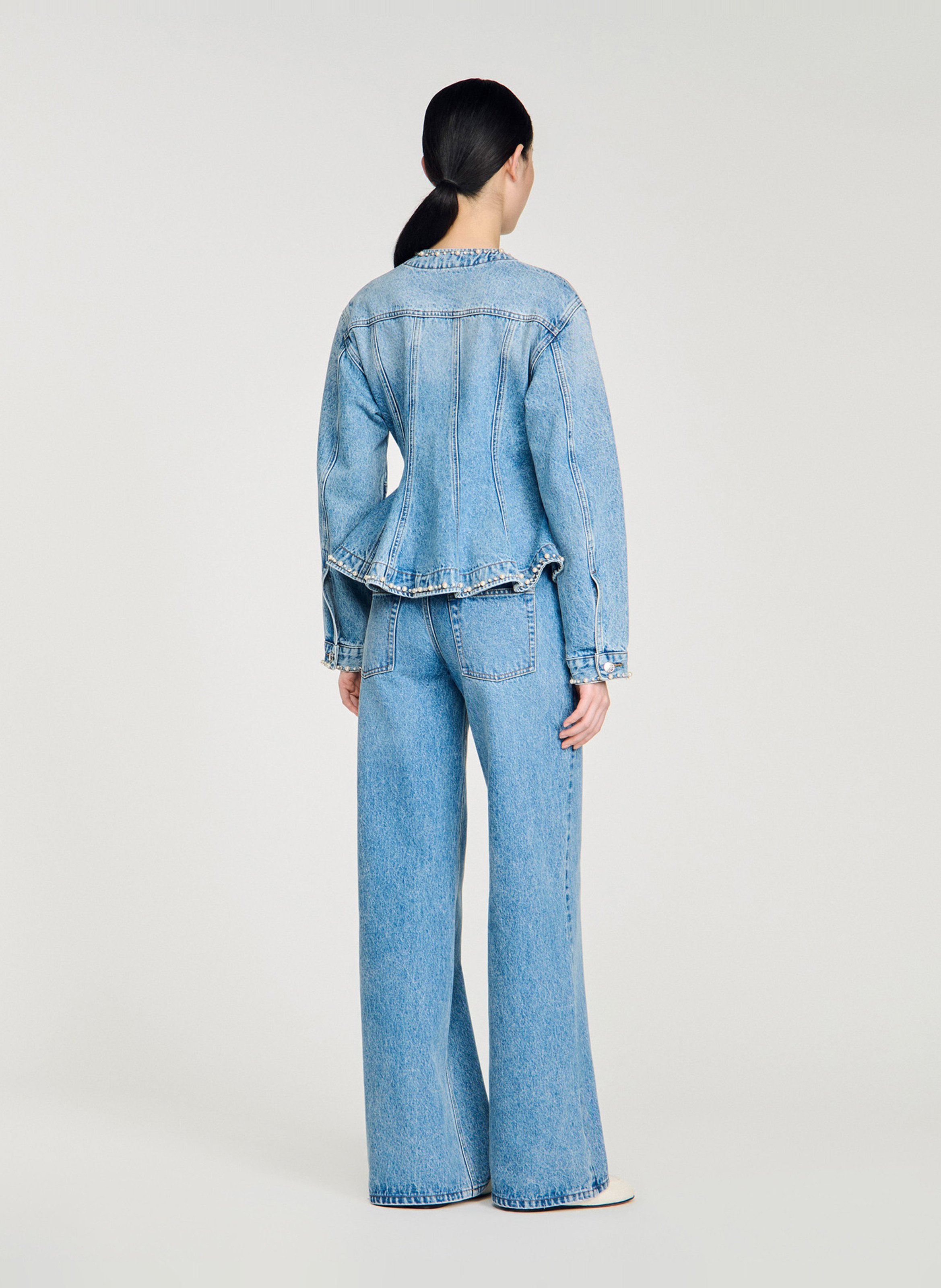 Blouson col v en denim de coton SANDRO Bleu