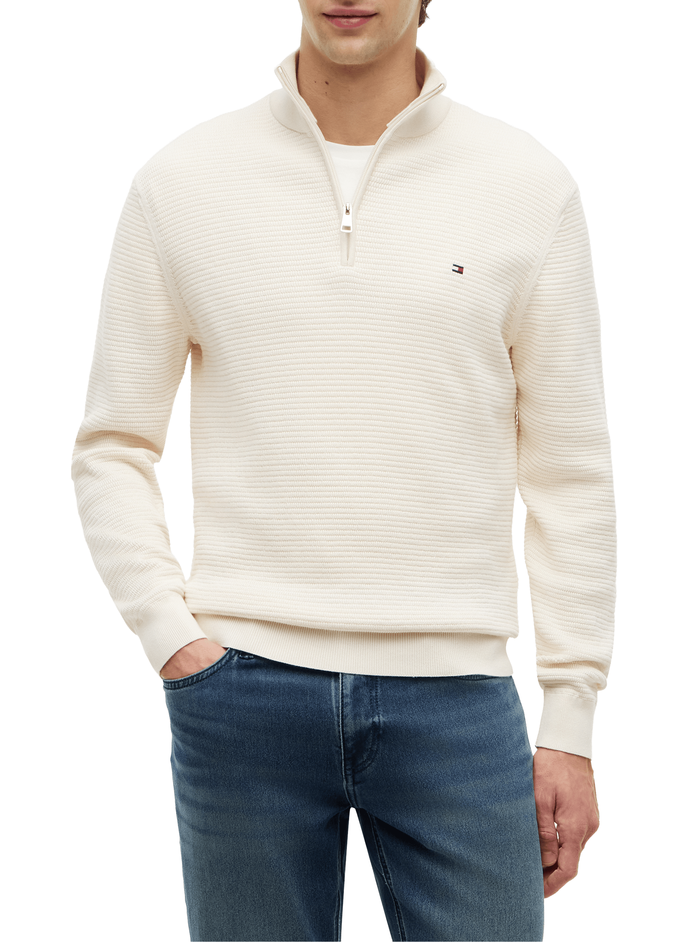Straight cotton sweater with zip collar TOMMY HILFIGER Beige