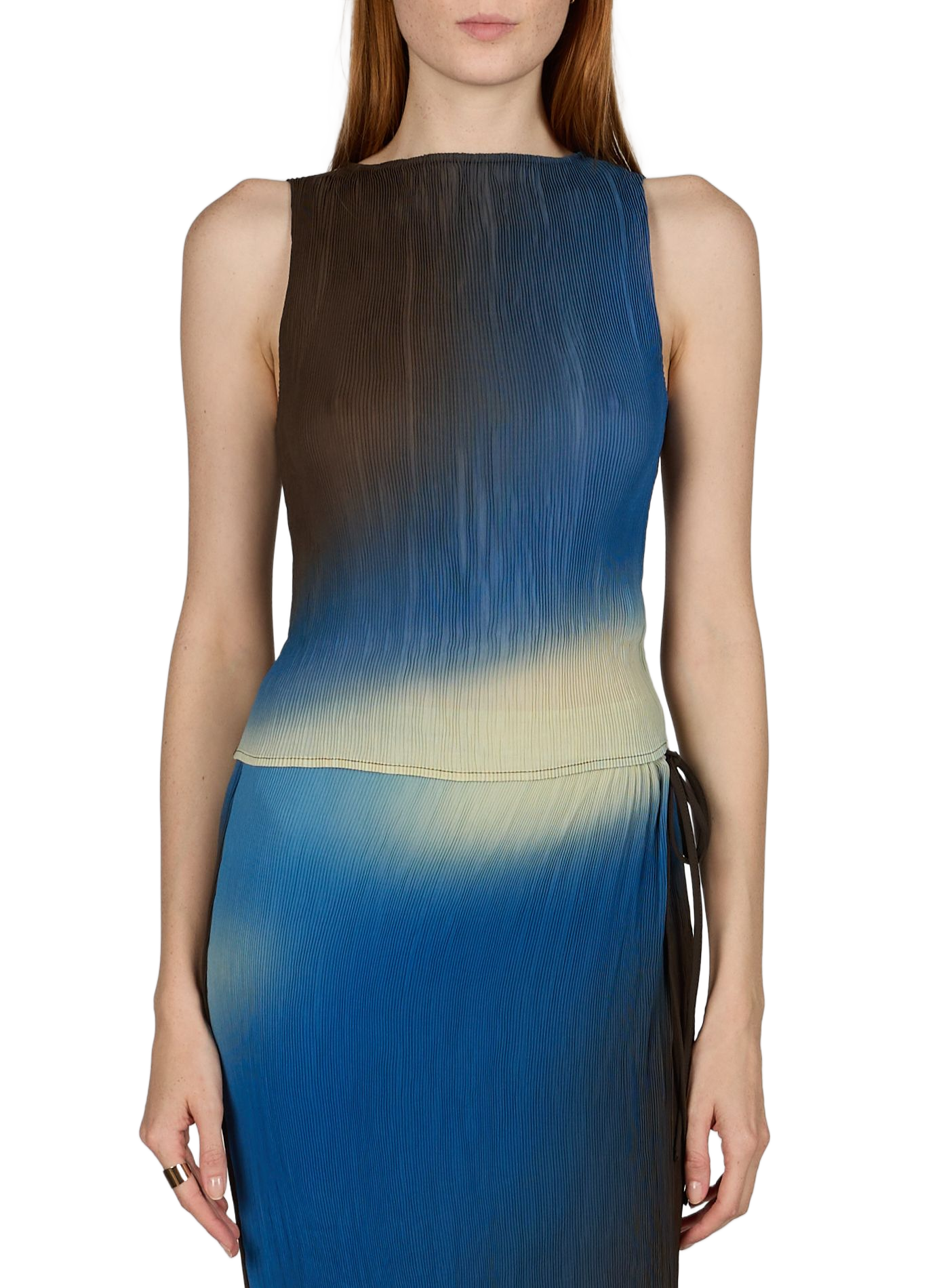 Pleated boat neck tank top THINKING MU Beige