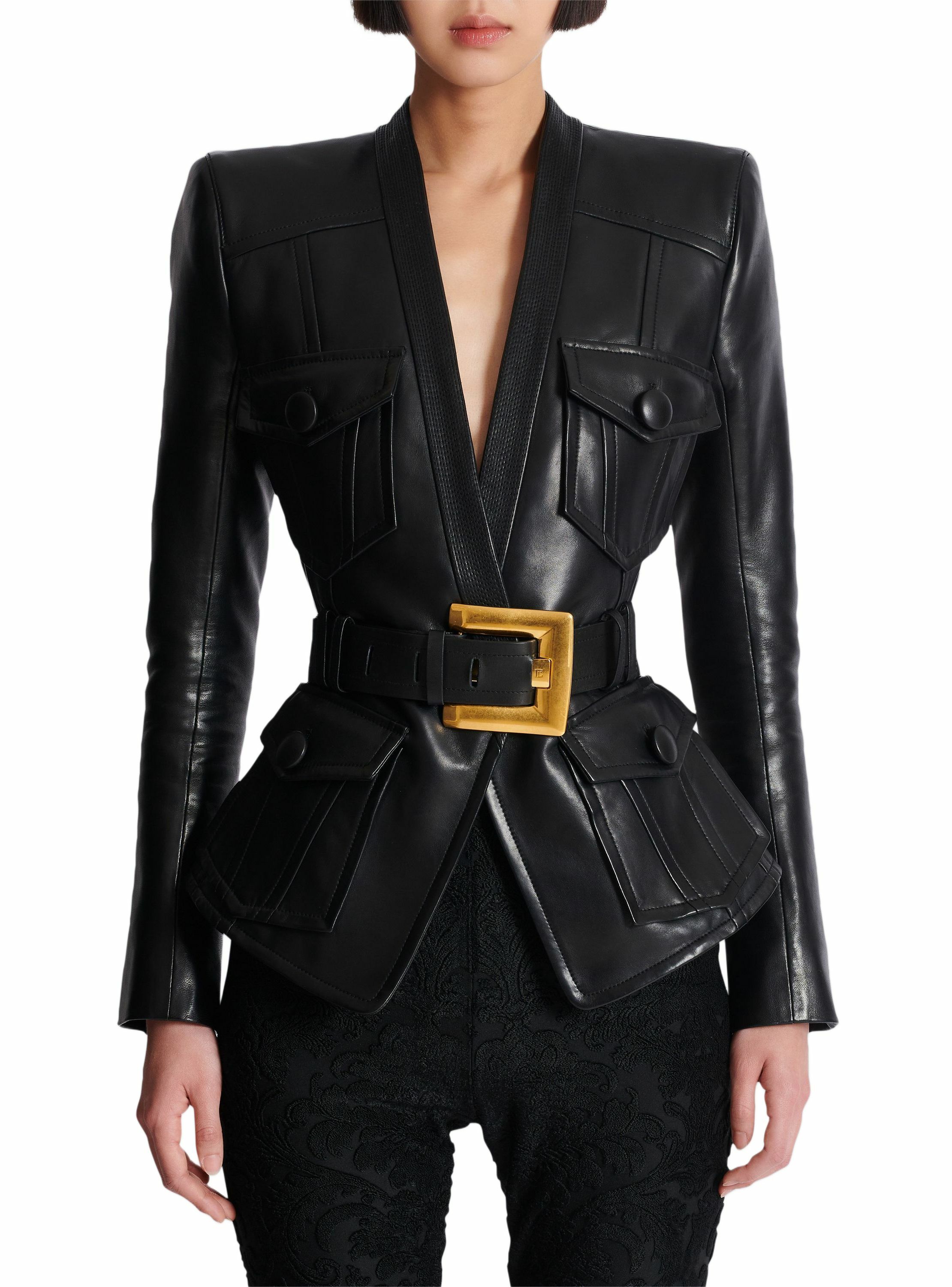 Veste 1 bouton ceinturée en cuir BALMAIN Noir