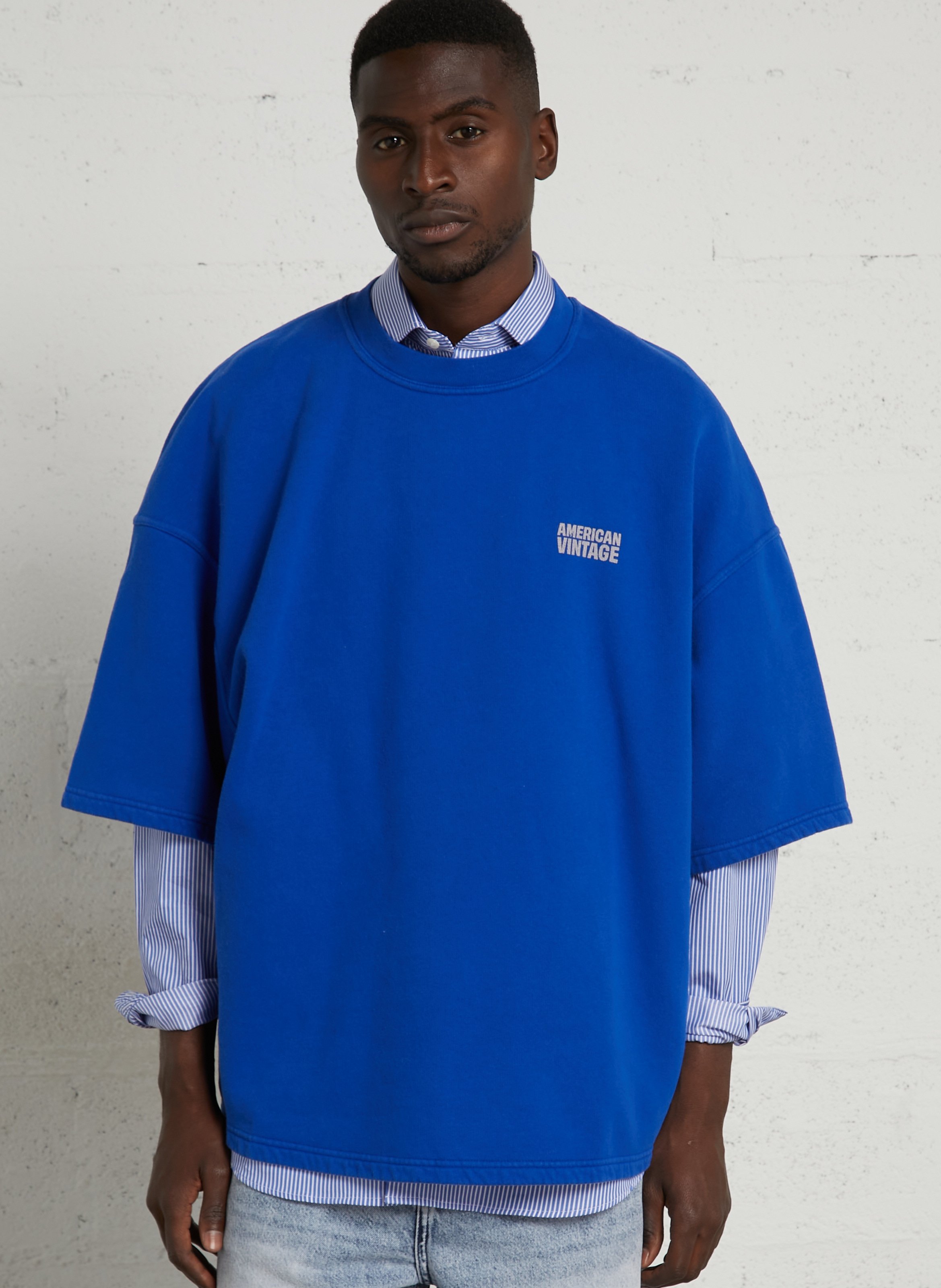 Pull manches courtes en coton plizzy AMERICAN VINTAGE Bleu