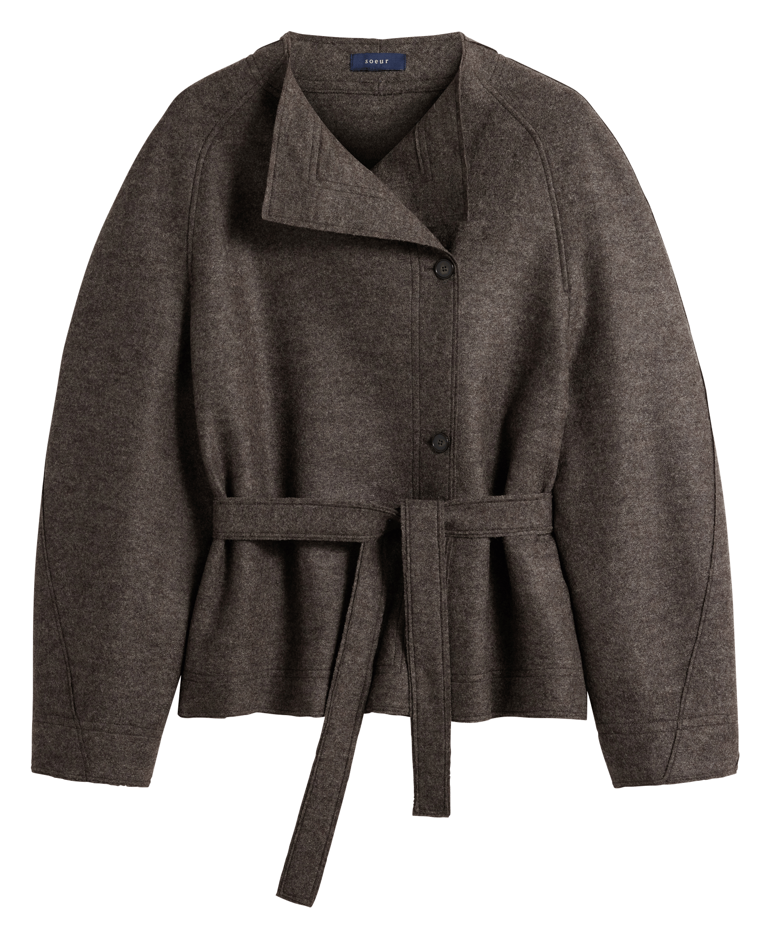 Veste droite à ceinture en laine theia SOEUR Marron