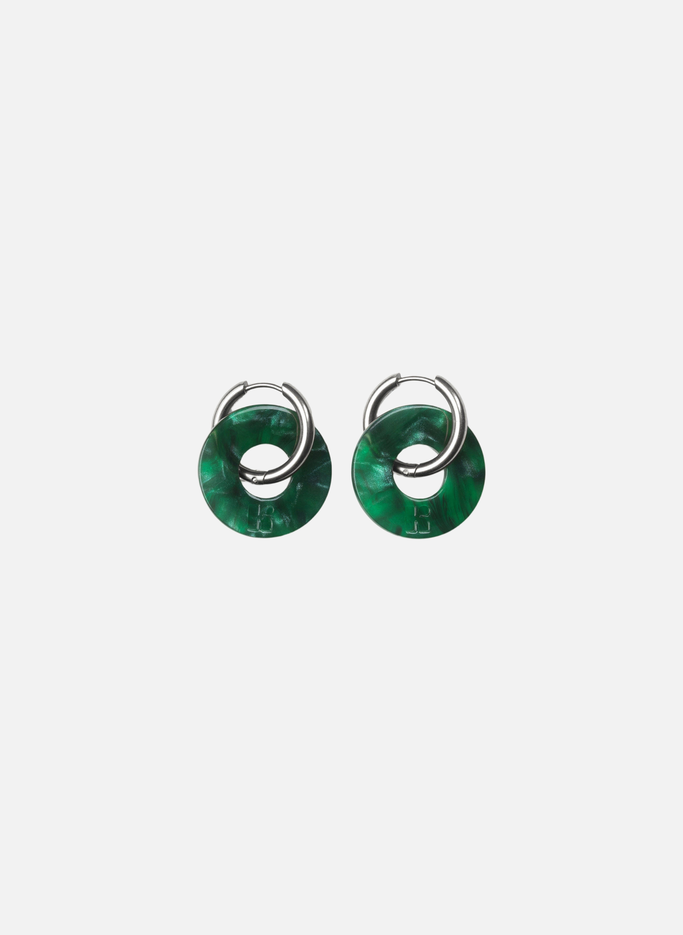 Boucles d'oreilles donuts avec anneaux en acier inoxydable argenté  Vertes