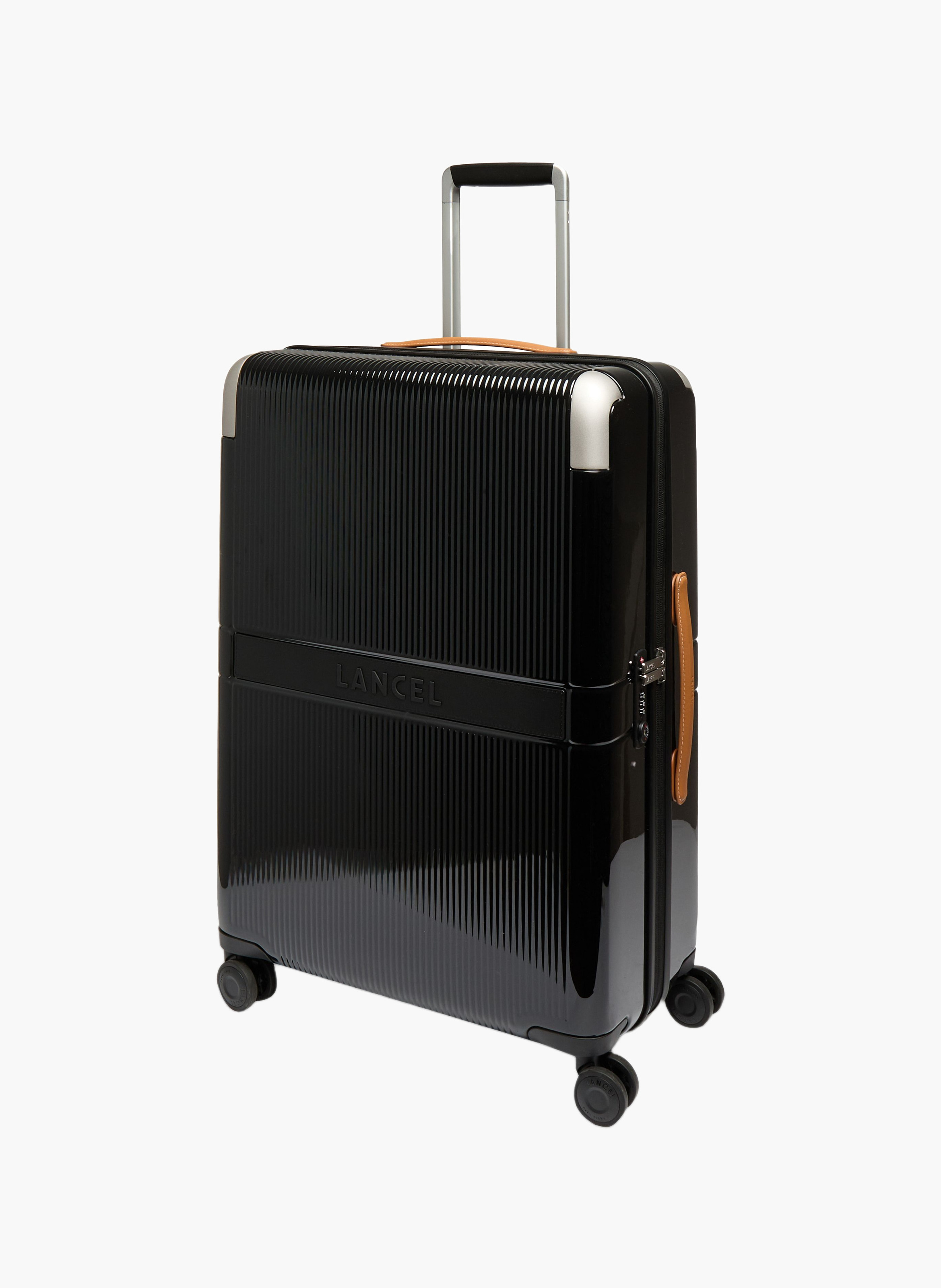 Harde middelgrote trolley met 4 wielen, van gerecycled polycarbonaat, met leren details. LANCEL Zwart