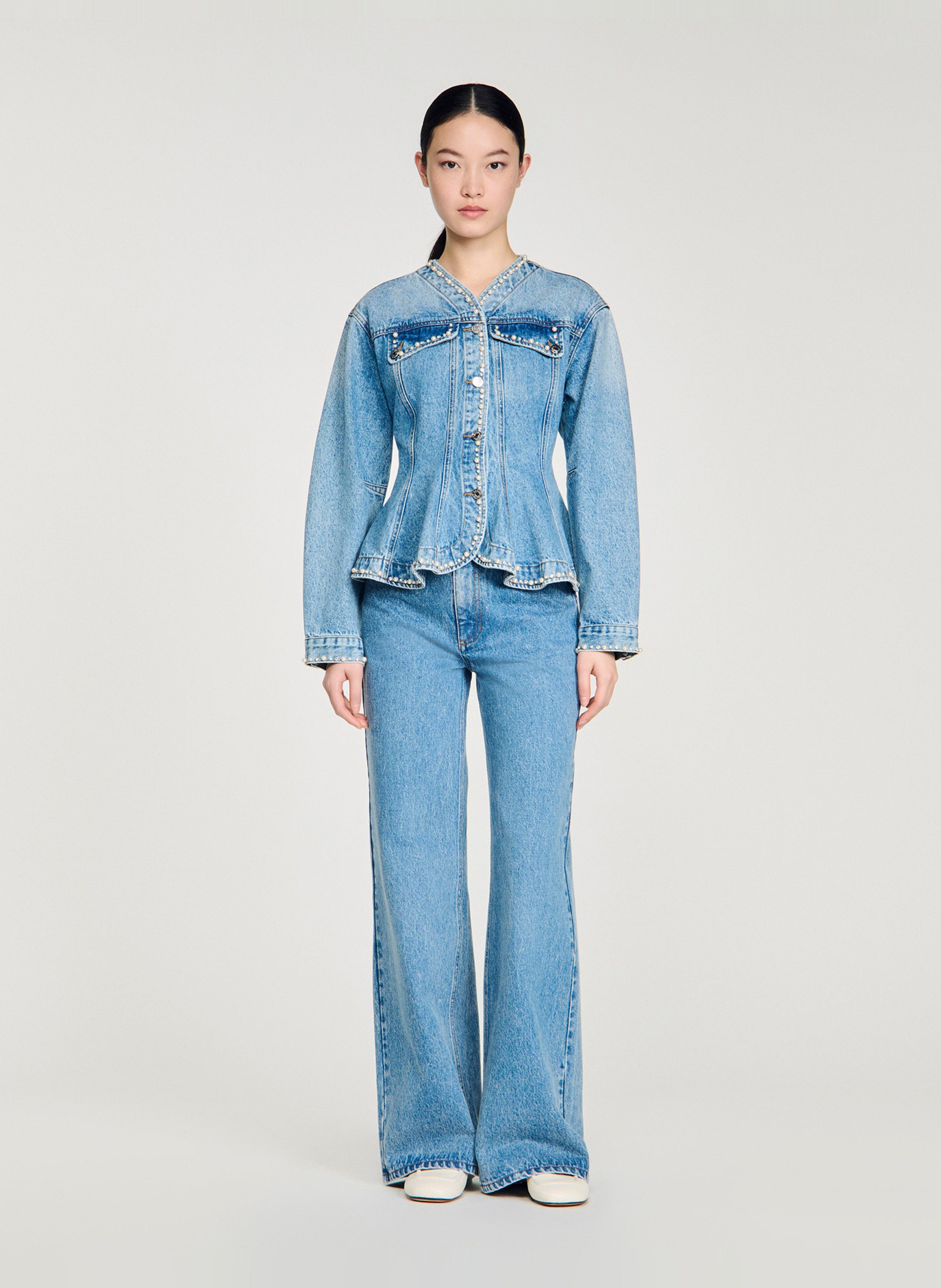 Blouson col v en denim de coton SANDRO Bleu