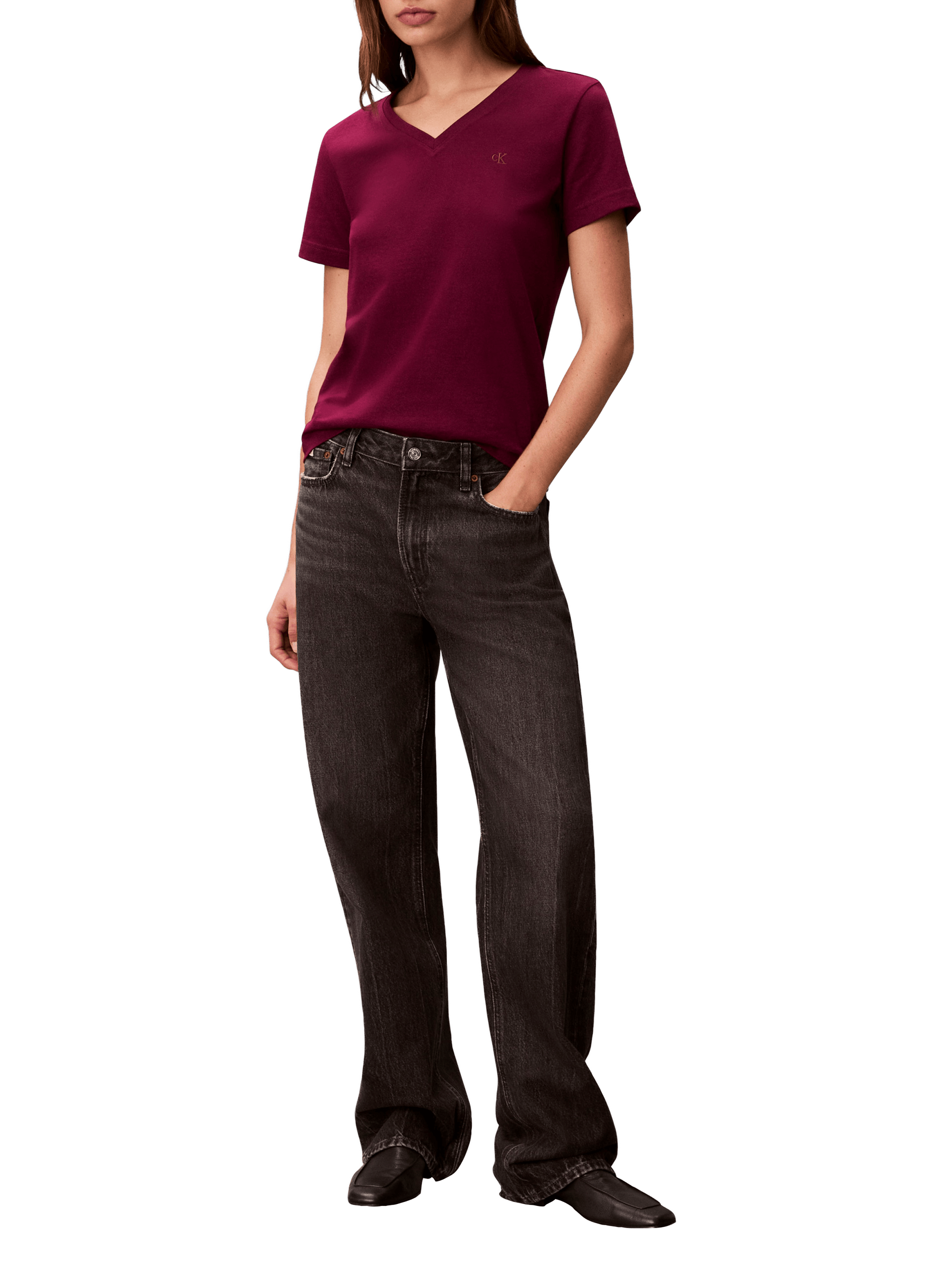 T-shirt droit col V en coton CALVIN KLEIN Rose