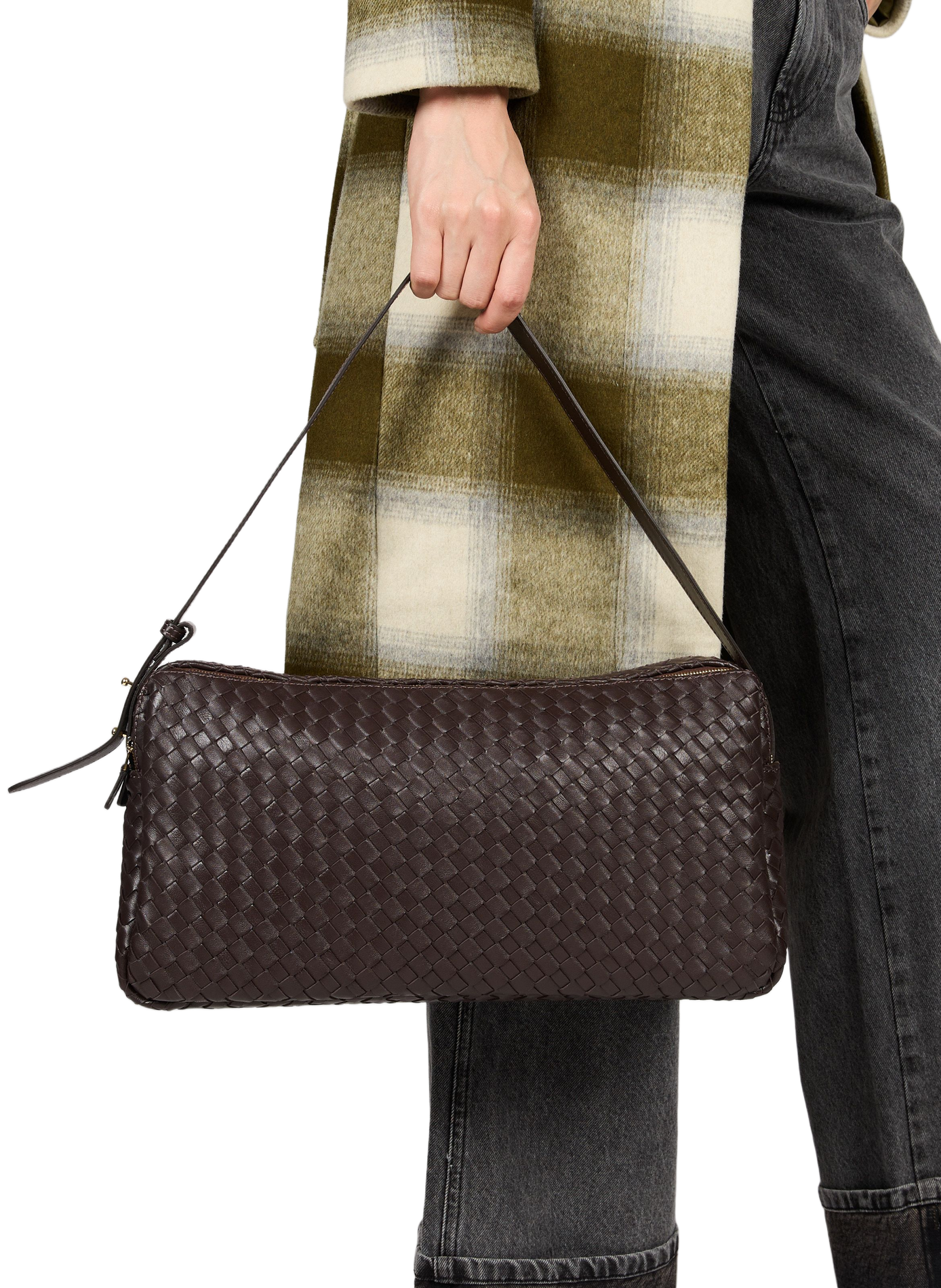 Large Woven Pouch Bag in Woven Lambskin Leather ELLEME Brown
