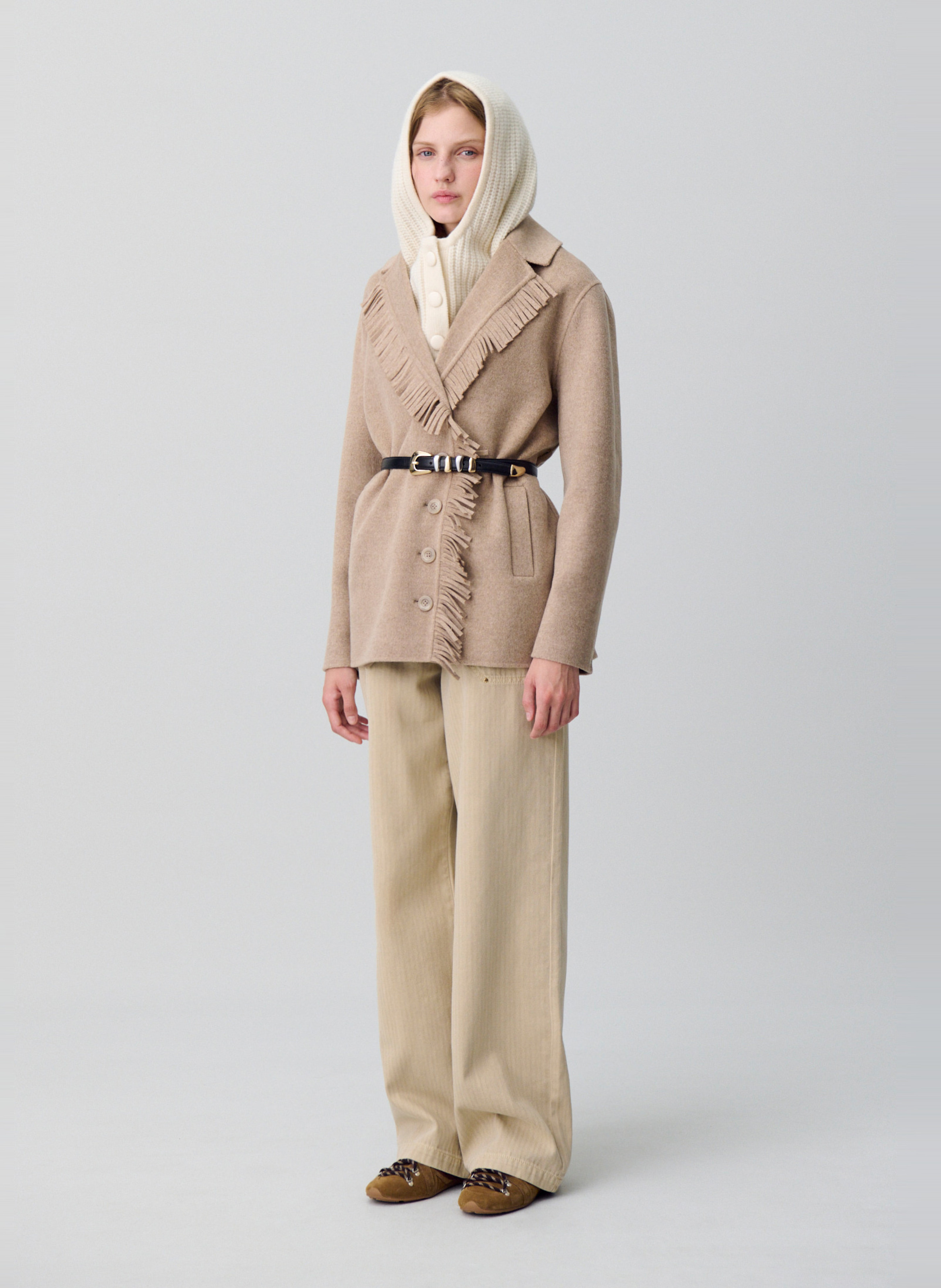 Manteau court col tailleur à franges en laine mélangée grazia CLAUDIE PIERLOT Beige
