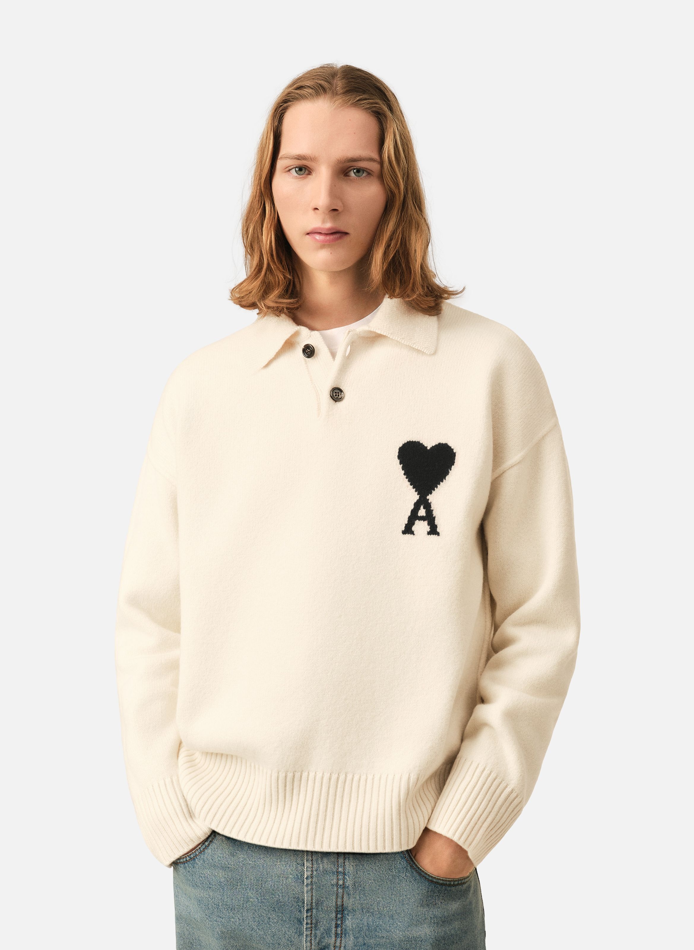 Polo ami de coeur en laine unisexe AMI PARIS Blanc