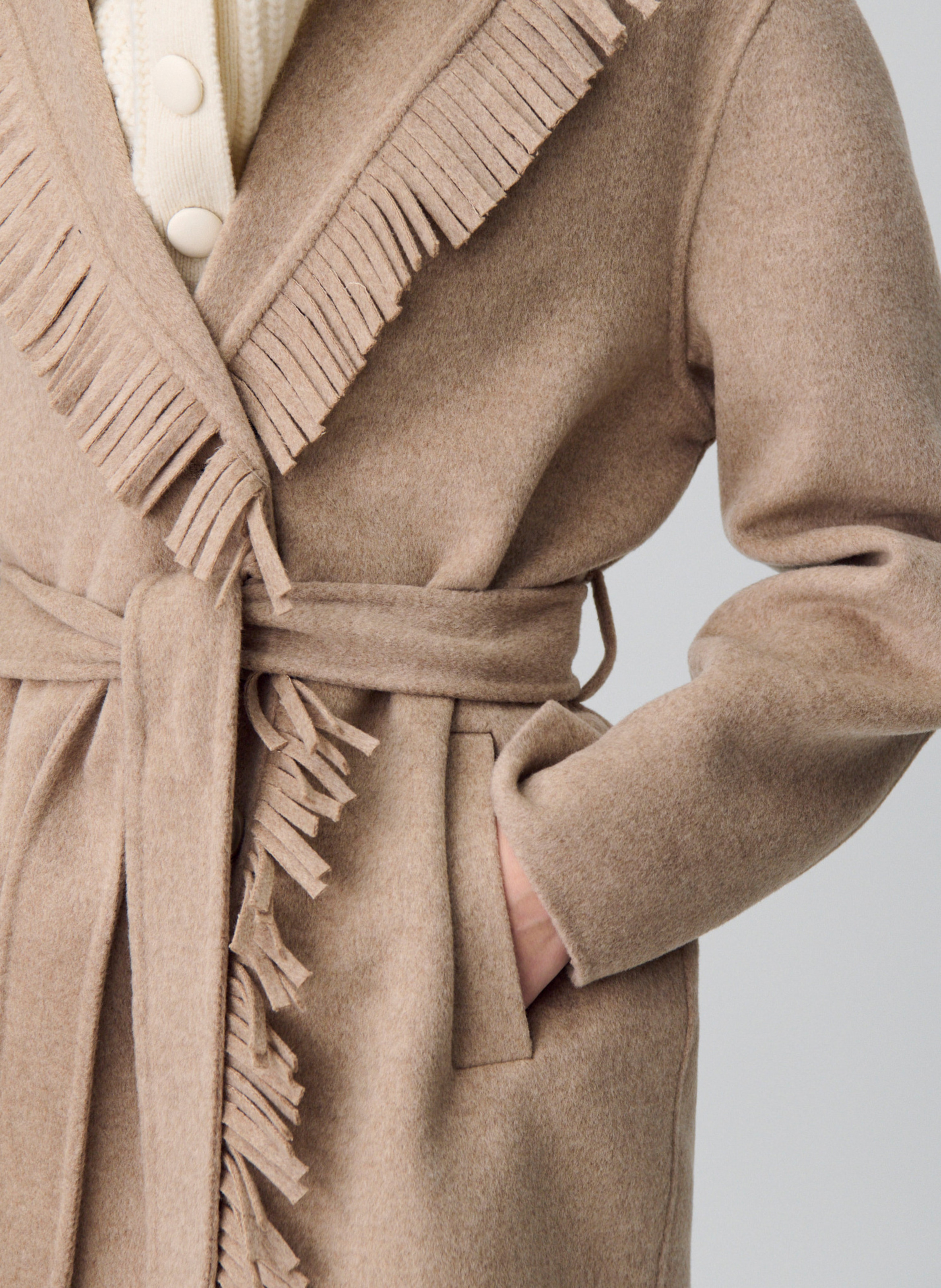 Manteau court col tailleur à franges en laine mélangée grazia CLAUDIE PIERLOT Beige