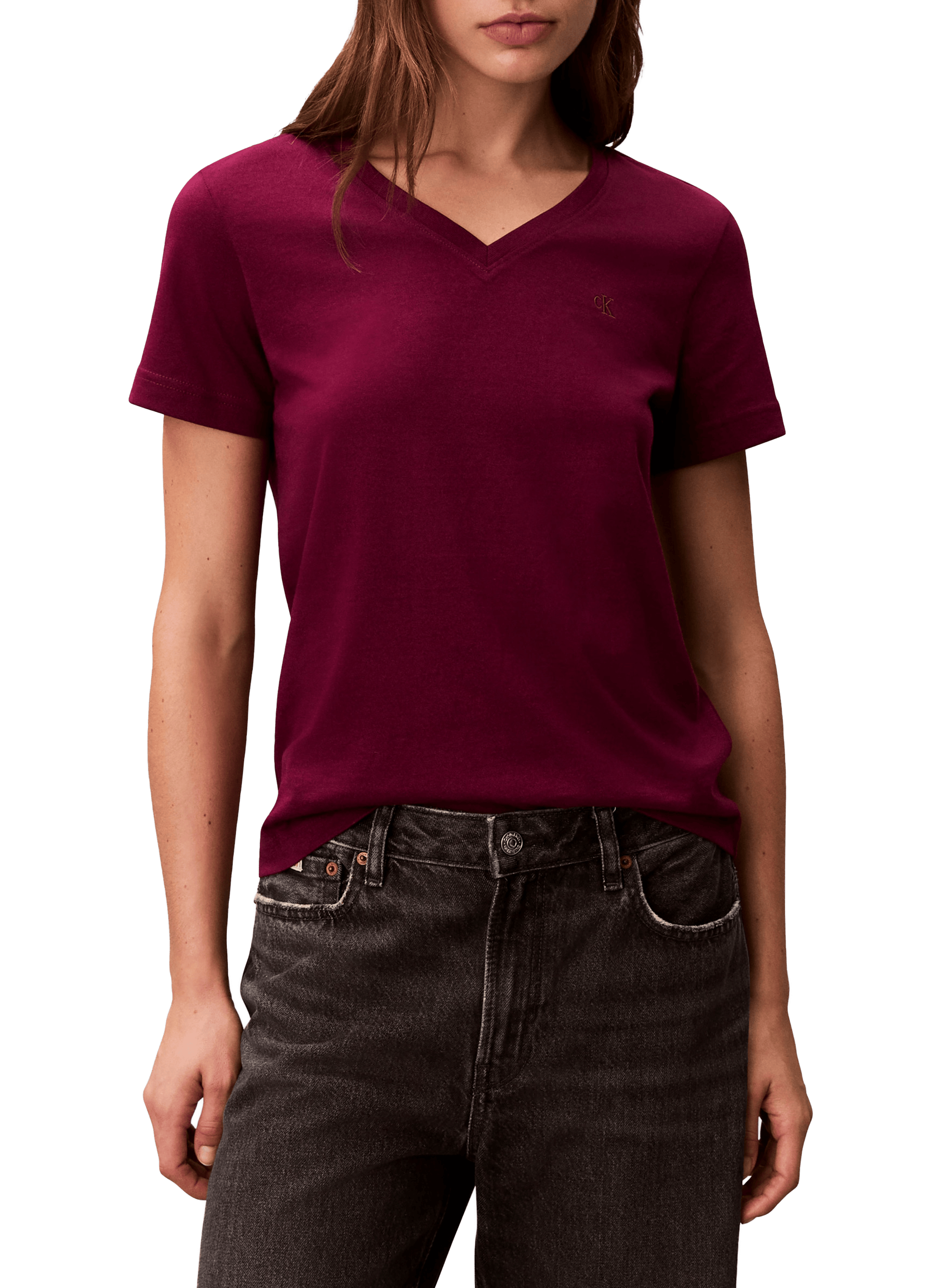 T-shirt droit col V en coton CALVIN KLEIN Rose