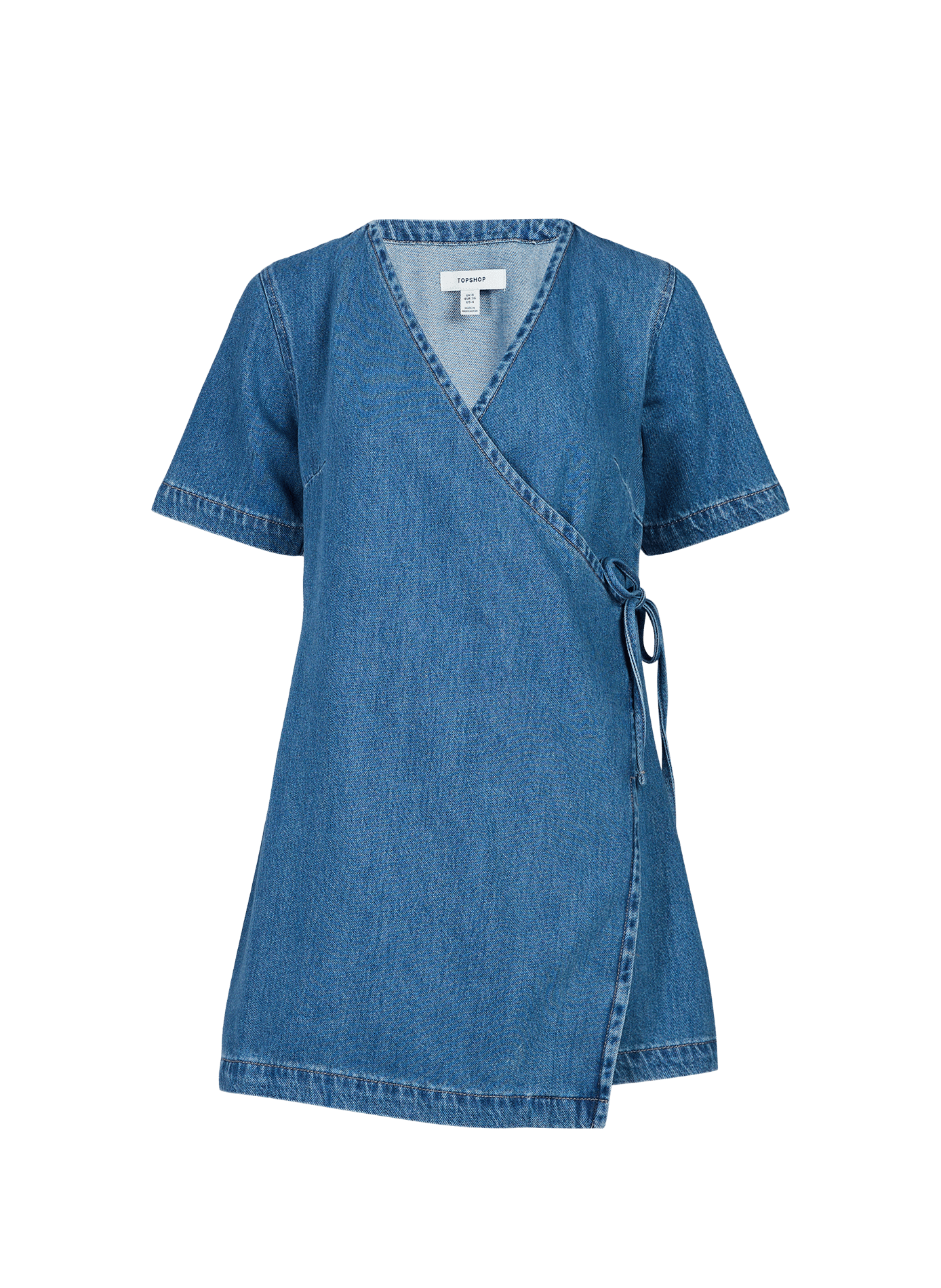 Short-sleeved cotton blend denim wrap dress TOPSHOP Blue