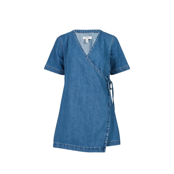 Robe portefeuille à manches courtes en denim de coton mélangé Robe portefeuille à manches courtes en denim de coton mélangé