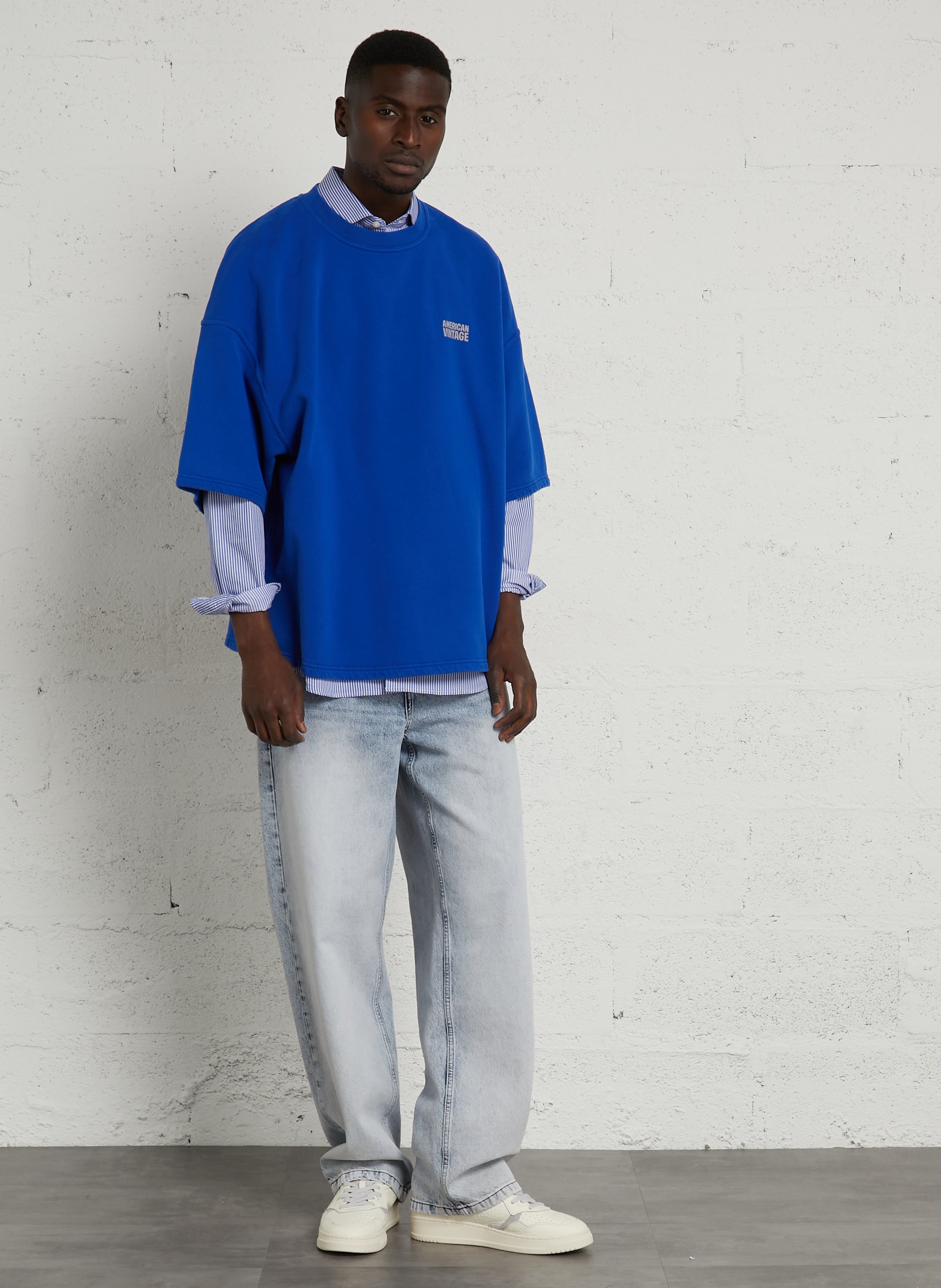 Pull manches courtes en coton plizzy AMERICAN VINTAGE Bleu