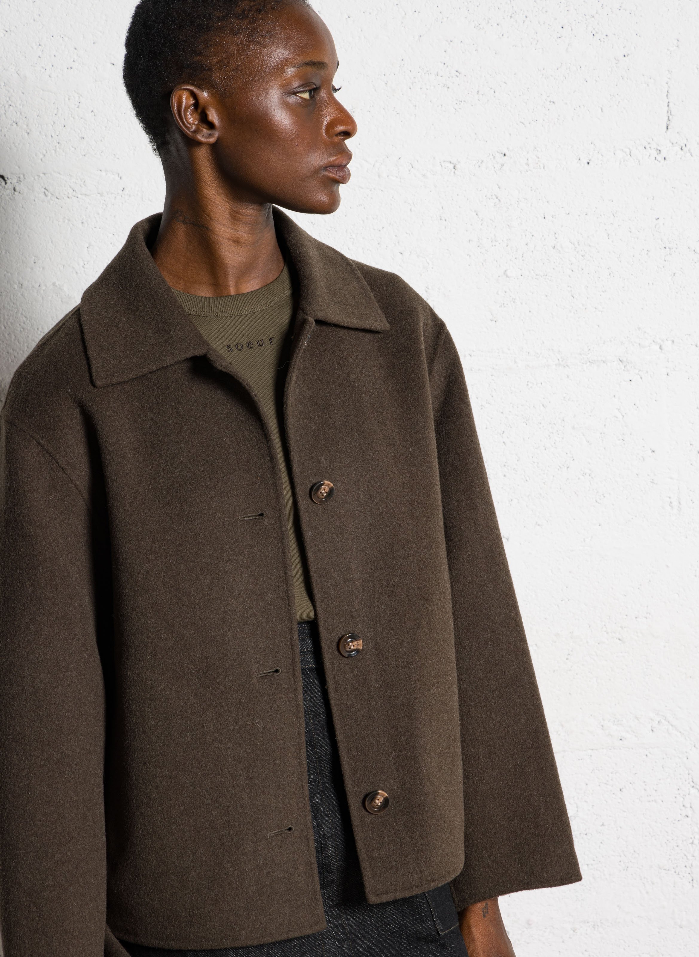 SOEUR Manteau court en laine double face gyoda Kaki