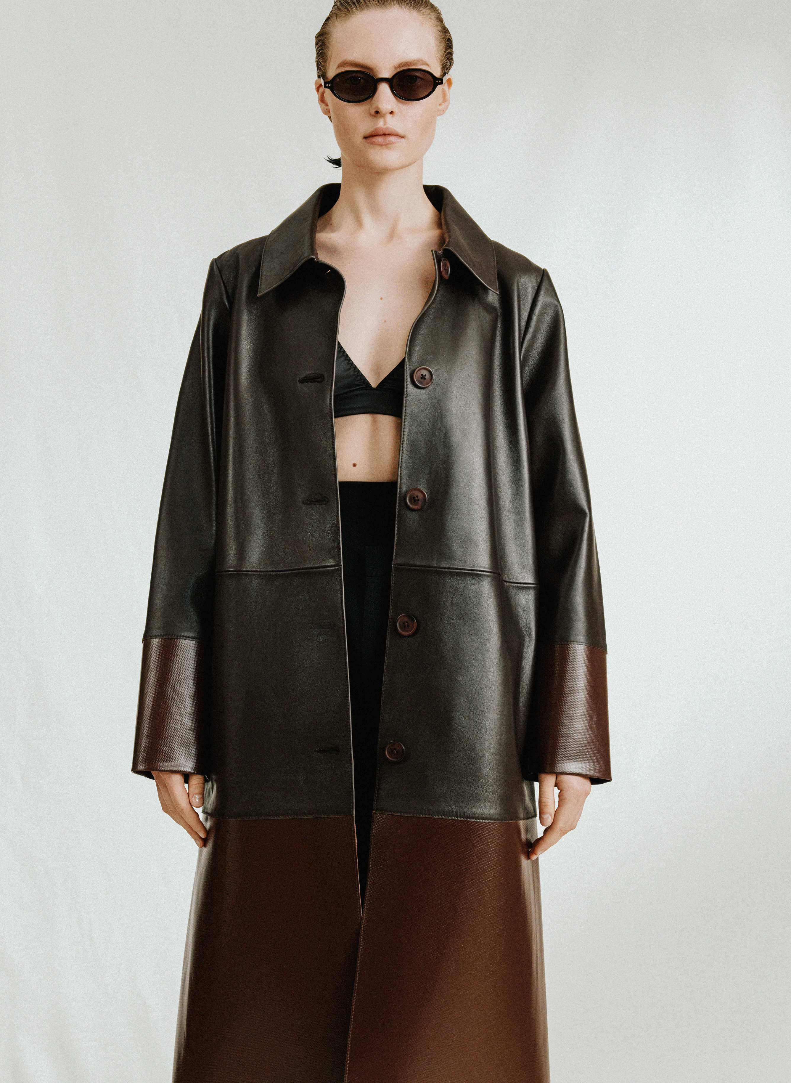 SAISON 1865 Long double-material leather Ucaru jacket Brown