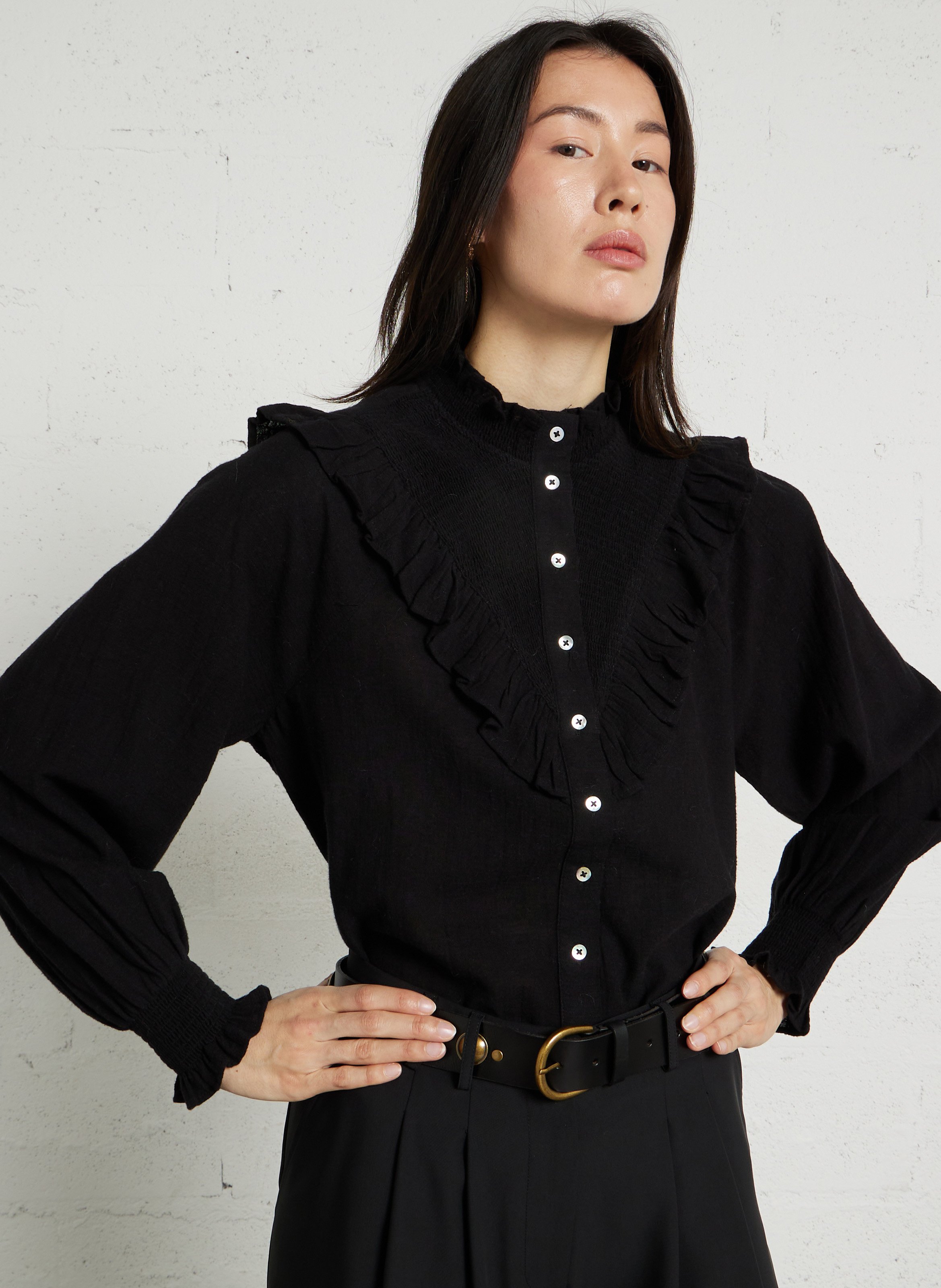 Chemisier droit boutonné à volants Diva MAISON 123 Noir