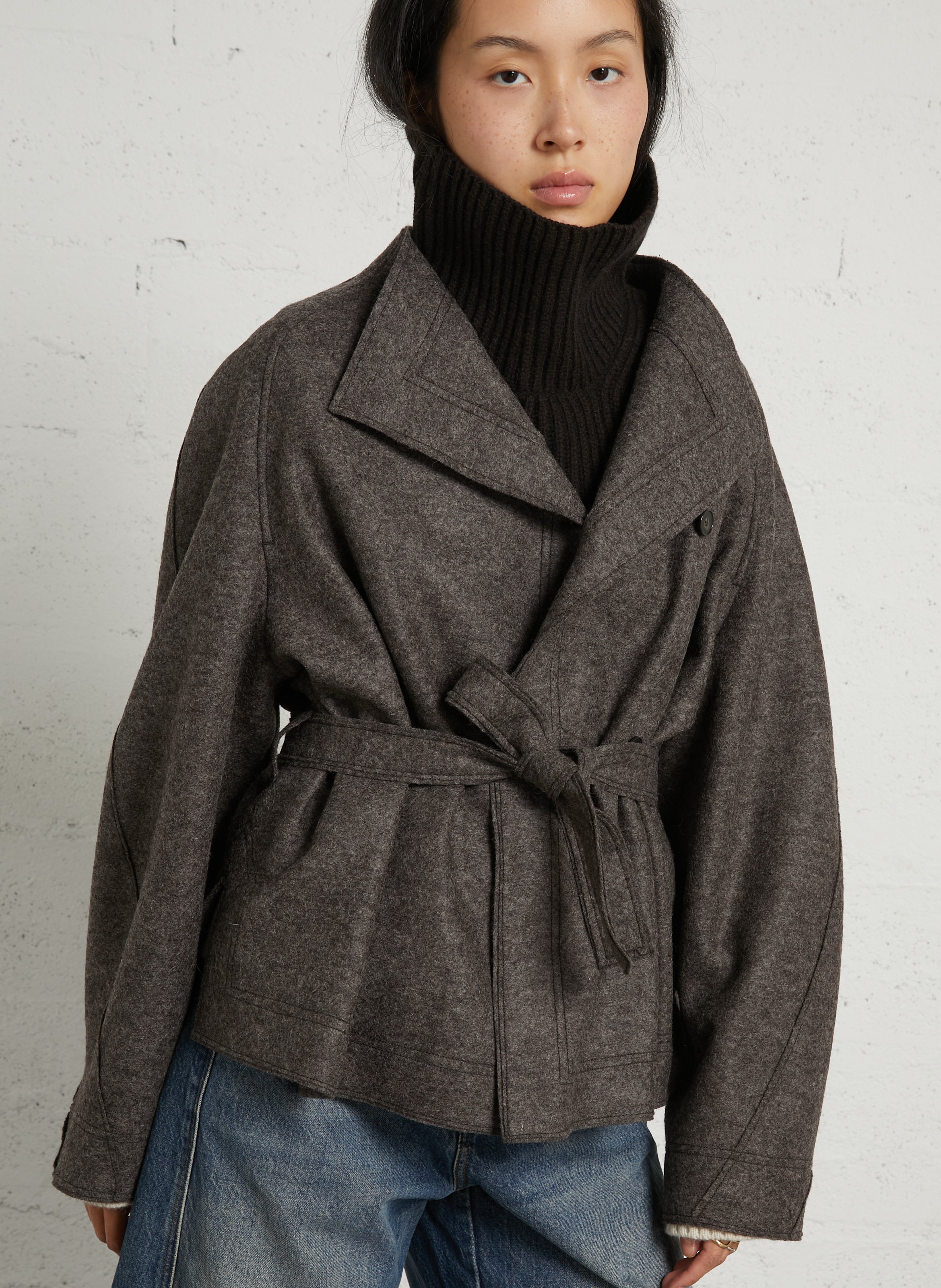 Veste droite à ceinture en laine theia SOEUR Marron