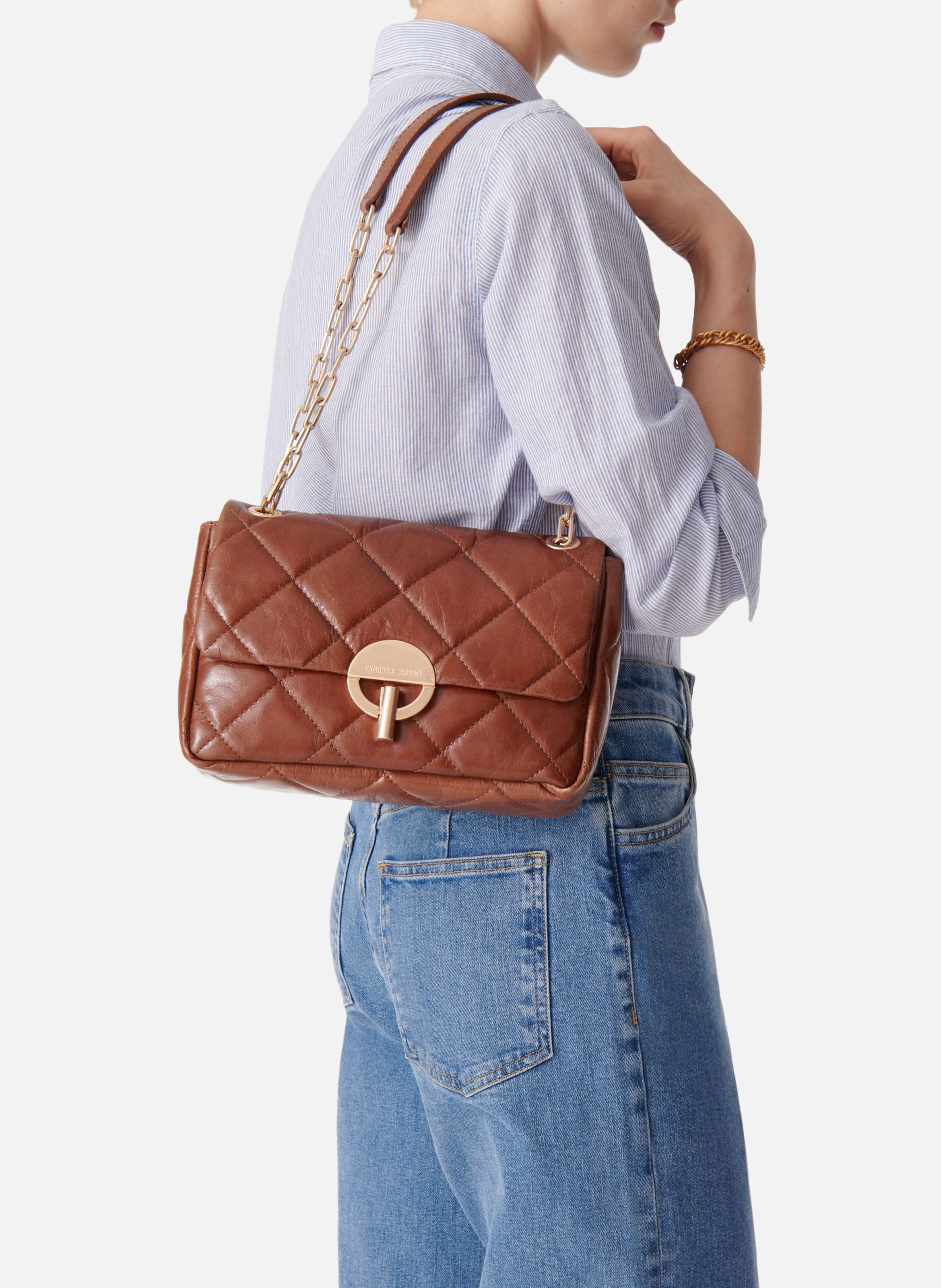 Grand sac moon en cuir Marron