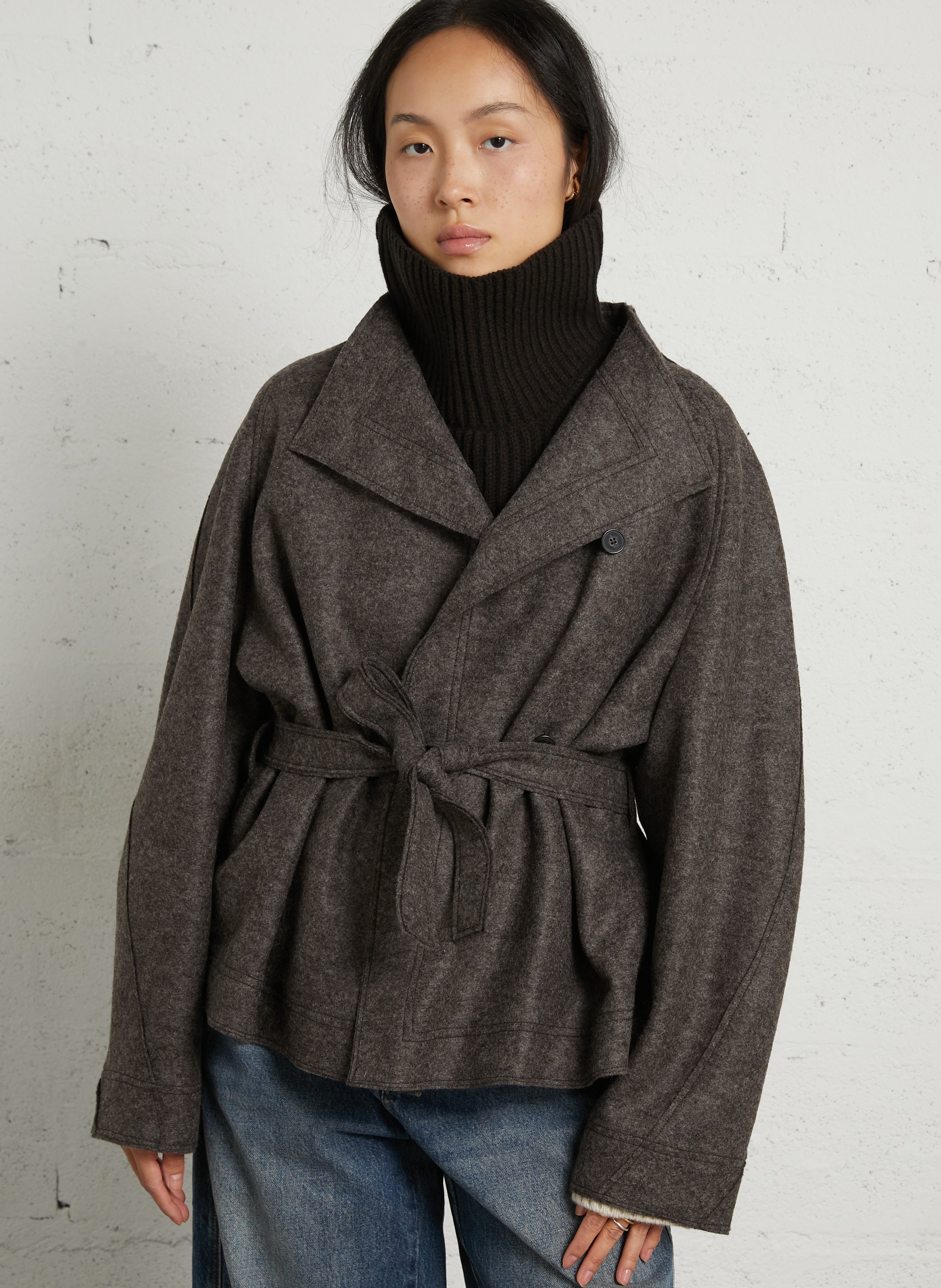 Veste droite à ceinture en laine theia SOEUR Marron