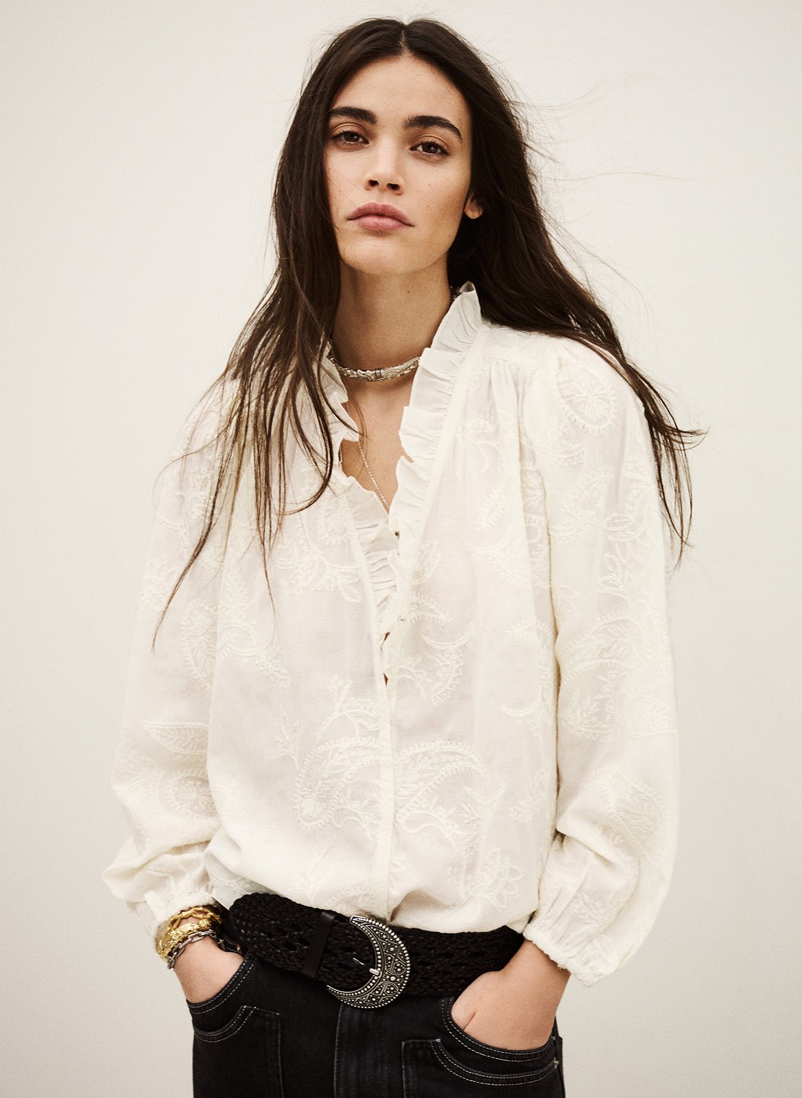 Blouse brodée col v petty BA&SH Beige